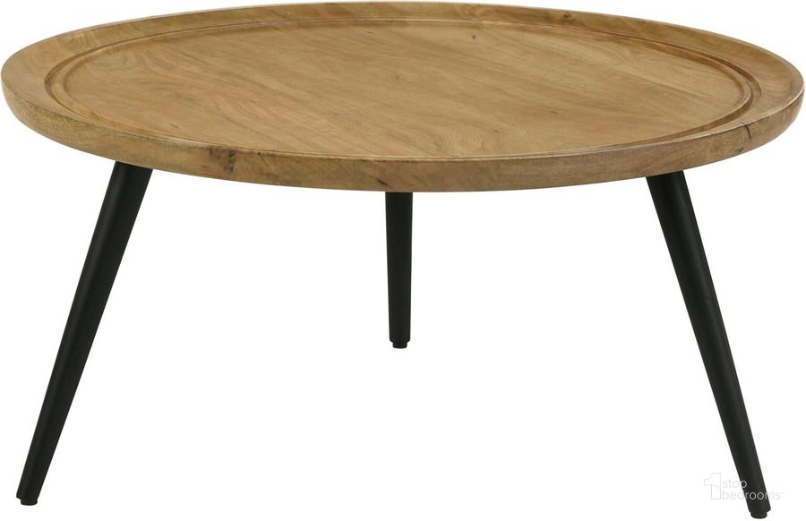 The appearance of Zoe Round Coffee Table with Trio Legs In Natural and Black designed by Coaster in the modern / contemporary interior design. This natural/black piece of furniture  was selected by 1StopBedrooms from Zoe Collection to add a touch of cosiness and style into your home. Sku: 736108. Material: Wood. Product Type: Coffee Table. Image1