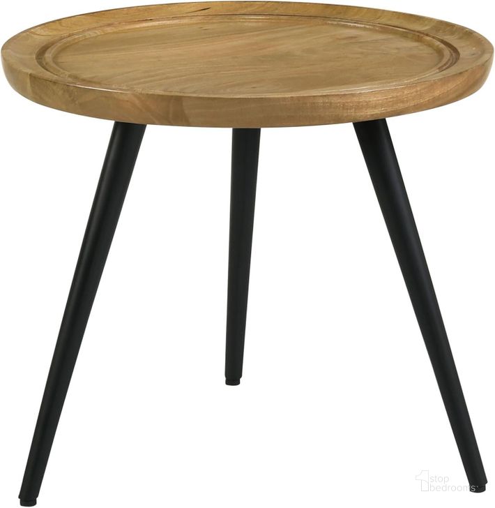 The appearance of Zoe Round End Table with Trio Legs In Natural and Black designed by Coaster in the modern / contemporary interior design. This natural/black piece of furniture  was selected by 1StopBedrooms from Zoe Collection to add a touch of cosiness and style into your home. Sku: 736107. Material: Wood. Product Type: End Table. Image1