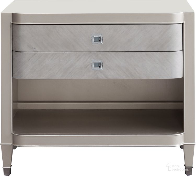 The appearance of Zoey 2 Drawer Nightstand with Open Shelf and Wireless Charger In Silver designed by Pulaski in the modern / contemporary interior design. This silver piece of furniture  was selected by 1StopBedrooms from Zoey Collection to add a touch of cosiness and style into your home. Sku: P344141. Material: Wood. Product Type: Nightstand. Image1