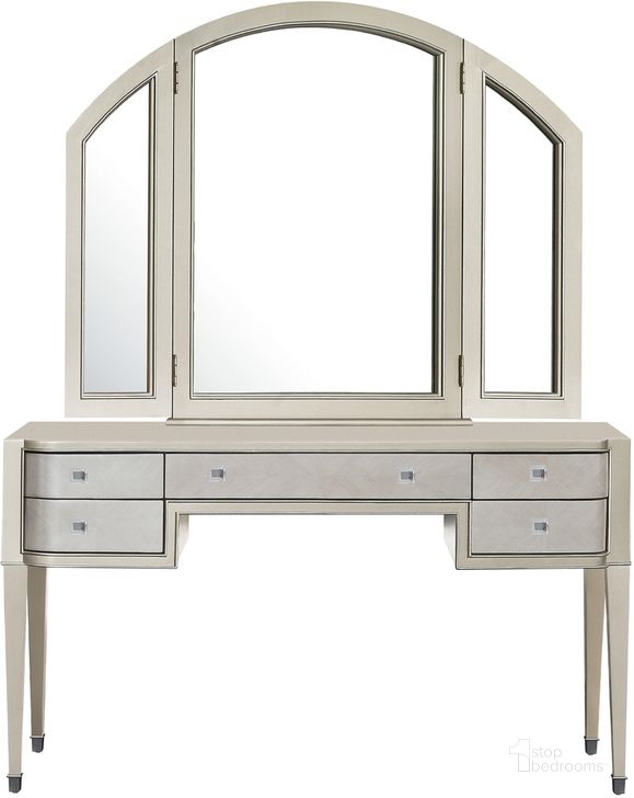 The appearance of Zoey 5 Drawer Vanity Dressing Table In Silver designed by Pulaski in the modern / contemporary interior design. This silver piece of furniture  was selected by 1StopBedrooms from Zoey Collection to add a touch of cosiness and style into your home. Sku: P344134. Material: Wood. Product Type: Vanity. Image1