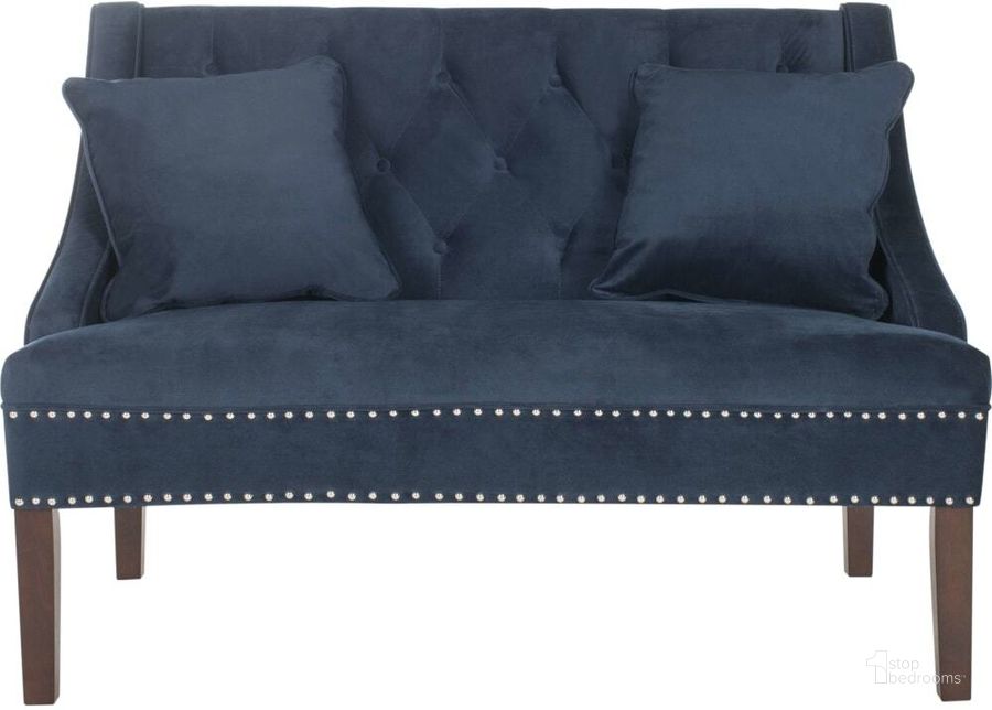 The appearance of Zoey Navy Velvet Settee with Silver Nailhead Detail designed by Safavieh in the modern / contemporary interior design. This navy piece of furniture  was selected by 1StopBedrooms from Zoey Collection to add a touch of cosiness and style into your home. Sku: FOX6253A. Product Type: Loveseat. Material: Iron. Image1