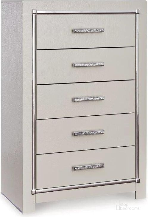 The appearance of Zyniden Chest of Drawers In Silver designed by Signature Design by Ashley in the modern / contemporary interior design. This silver piece of furniture  was selected by 1StopBedrooms from Zyniden Collection to add a touch of cosiness and style into your home. Sku: B2114-46. Material: Wood. Product Type: Chest. Image1
