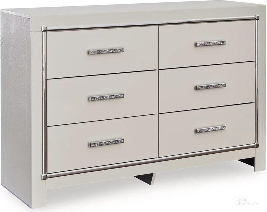 The appearance of Zyniden Dresser In Silver designed by Signature Design by Ashley in the modern / contemporary interior design. This silver piece of furniture  was selected by 1StopBedrooms from Zyniden Collection to add a touch of cosiness and style into your home. Sku: B2114-31. Material: Wood. Product Type: Dresser. Image1