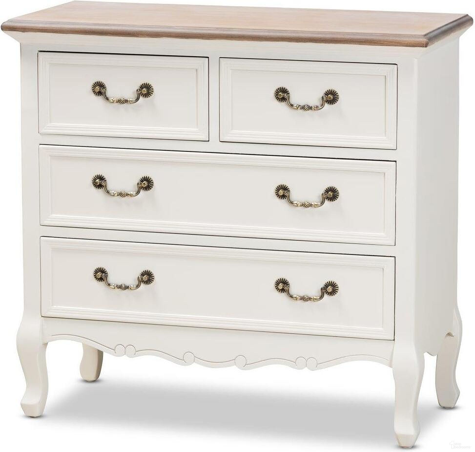 The appearance of Amalie Antique French Country Cottage Two-Tone White and Oak Finished 4-Drawer Accent Dresser designed by Baxton Studio in the rustic / southwestern interior design. This white piece of furniture was selected by 1StopBedrooms from Amalie Collection to add a touch of cosiness and style into your home. Sku: JY17B093-White-4DW-Cabinet. Material: MDF.