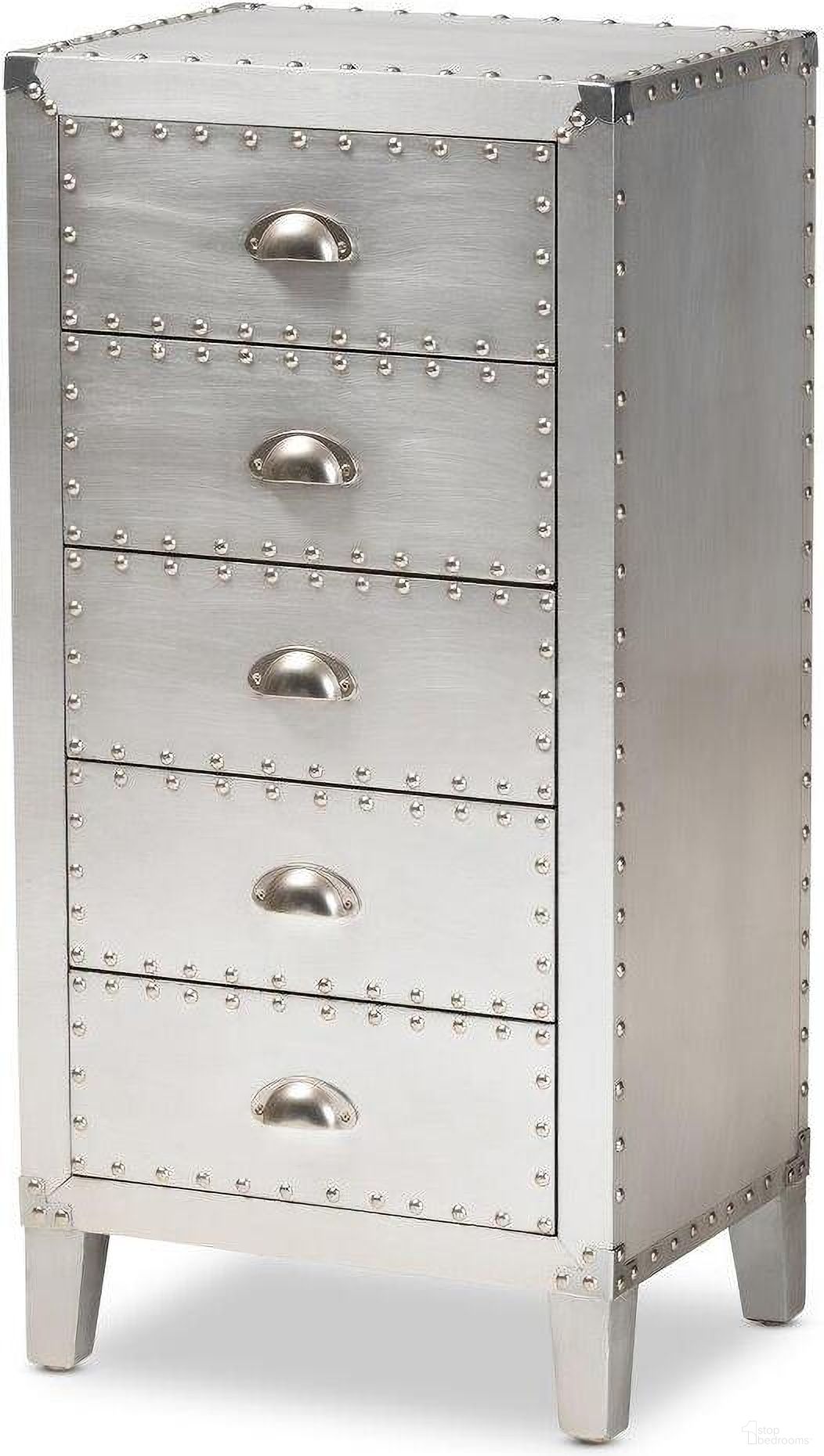The appearance of Carel French Industrial Silver Metal 5-Drawer Accent Chest designed by Baxton Studio in the transitional interior design. This silver piece of furniture  was selected by 1StopBedrooms from Carel Collection to add a touch of cosiness and style into your home. Sku: LD18B054-Silver-5DW-Cabinet. Material: Aluminum.