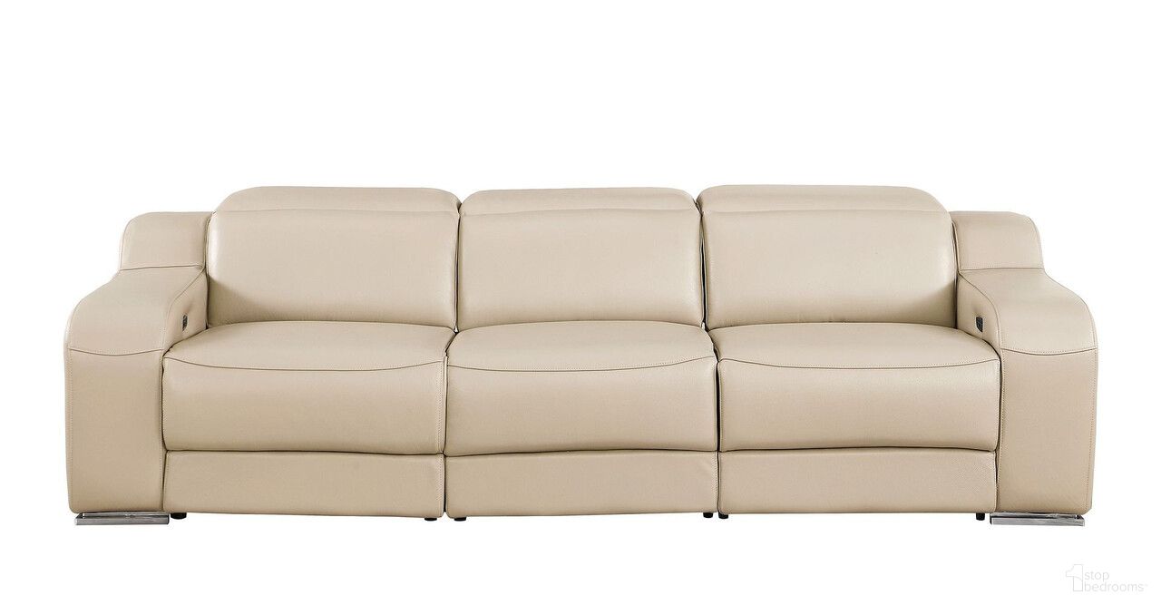 The appearance of 103 Inch Italian Leather Reclining USB Sofa In Beige designed by Homeroots in the modern / contemporary interior design. This beige piece of furniture  was selected by 1StopBedrooms from  to add a touch of cosiness and style into your home. Sku: 632879. Material: Genuine Leather.