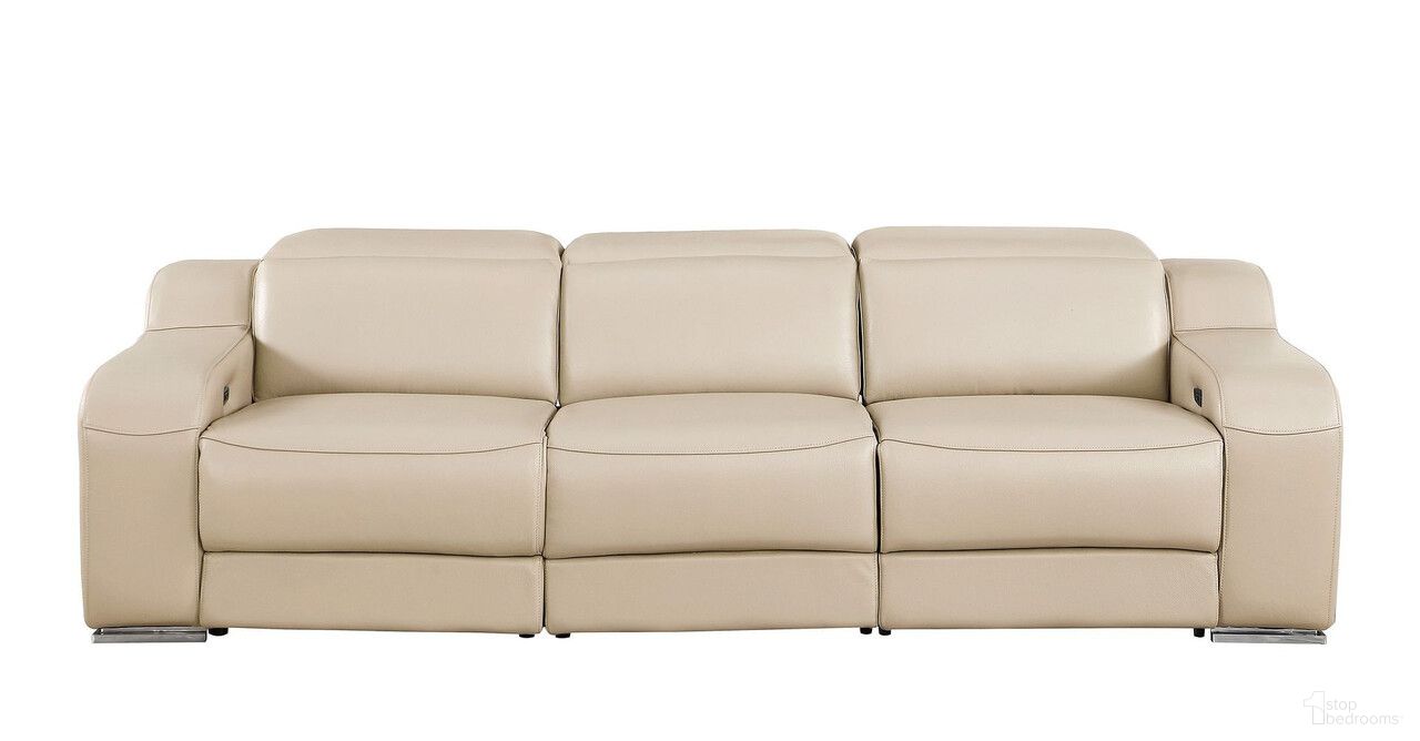 The appearance of 103 Inch Italian Leather Reclining USB Sofa In Beige designed by Homeroots in the modern / contemporary interior design. This beige piece of furniture  was selected by 1StopBedrooms from  to add a touch of cosiness and style into your home. Sku: 632880. Material: Genuine Leather.