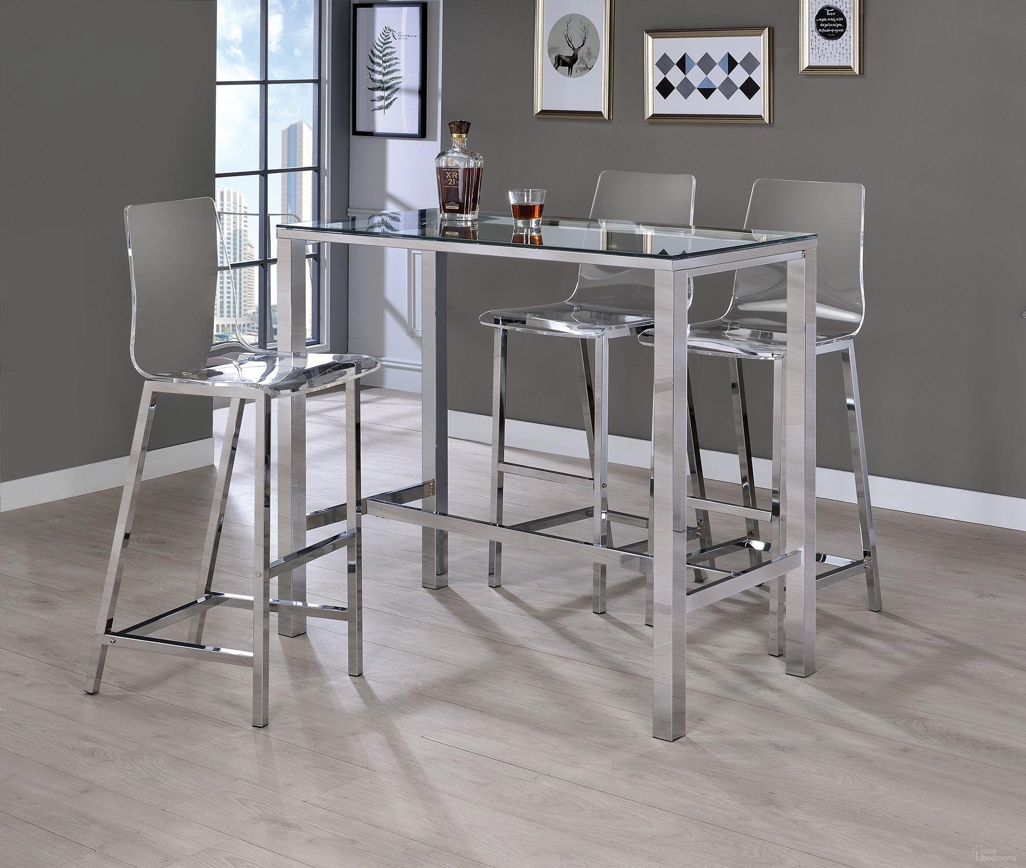 The appearance of Tolbert Bar Set In Chrome designed by Coaster in the modern / contemporary interior design. This chrome piece of furniture  was selected by 1StopBedrooms from Tolbert Collection to add a touch of cosiness and style into your home. Sku: 104873;100295. Material: Metal. Table Top Shape: Rectangular.