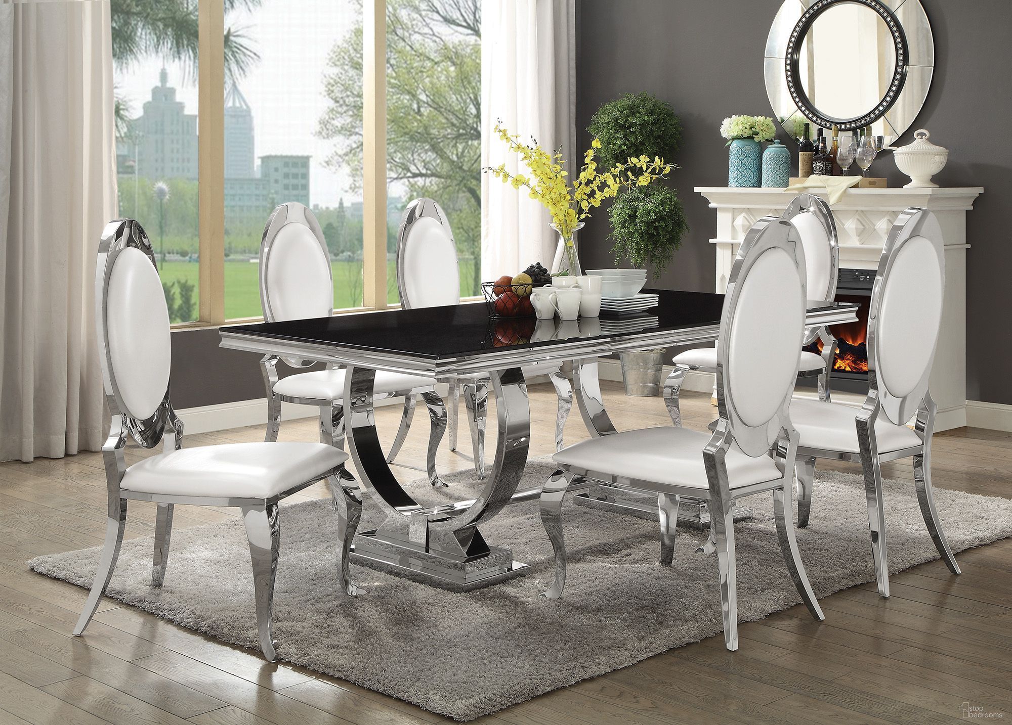 The appearance of Antoine Dining Room Set In Black designed by Coaster in the glam interior design. This black piece of furniture  was selected by 1StopBedrooms from Antoine Collection to add a touch of cosiness and style into your home. Sku: 107871B1;107871B2;107871B3;107872NB1;107872NB2. Table Base Style: Trestle. Material: Metal. Table Top Shape: Rectangular. Size: 42" x 95".