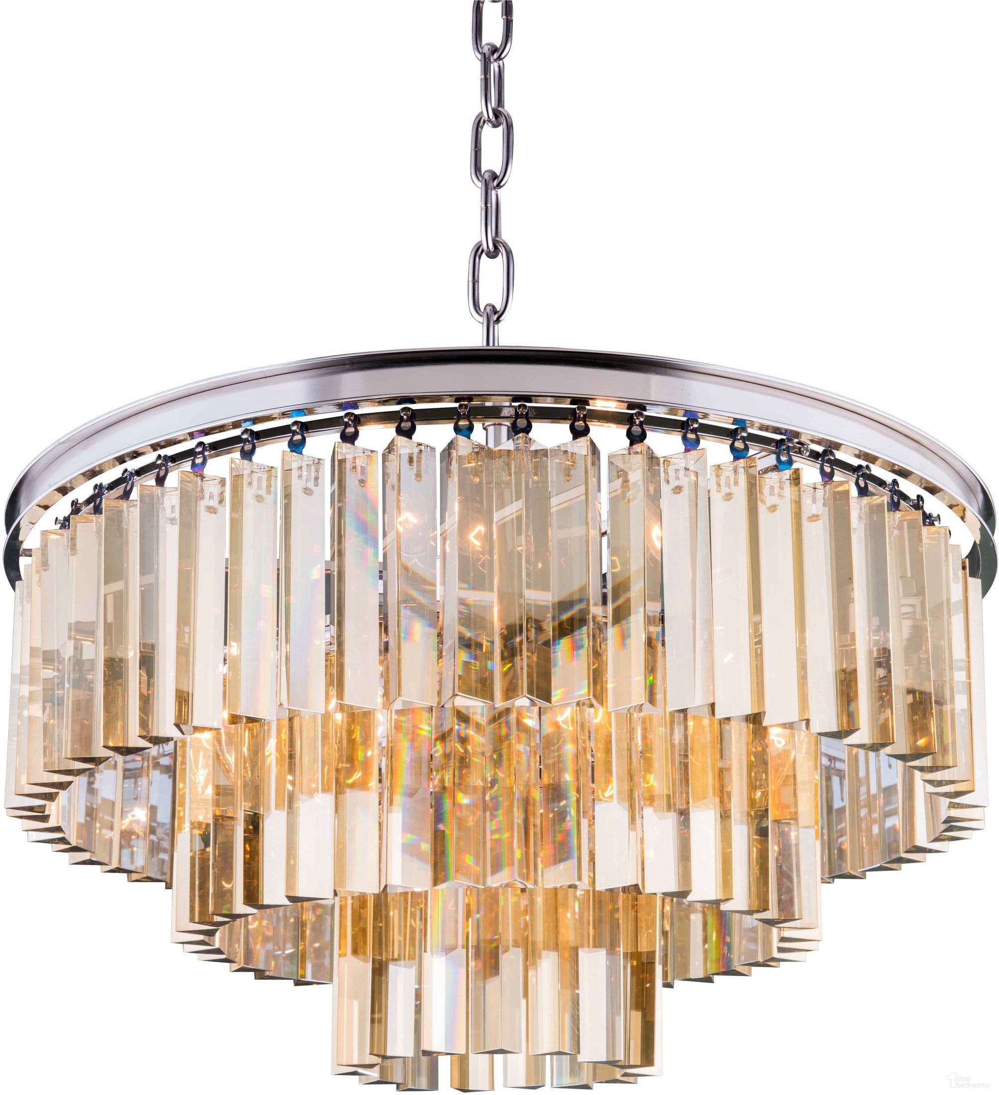 The appearance of Sydney 26" Polished nickel 9 Light Chandelier With Golden Teak Royal Cut Crystal Trim designed by Elegant Lighting in the glam interior design. This silver piece of furniture was selected by 1StopBedrooms from Sydney Collection to add a touch of cosiness and style into your home. Sku: 1201D26PN-GT/RC. Material: Steel.