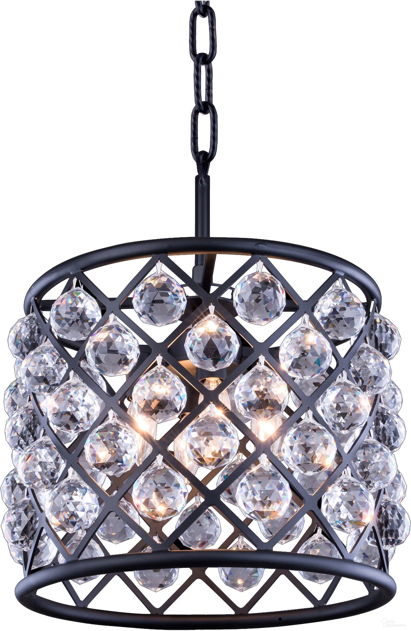 The appearance of Madison 14" Matte Black 4 Light Pendant With Clear Royal Cut Crystal Trim designed by Elegant Lighting in the glam interior design. This black piece of furniture was selected by 1StopBedrooms from Madison Collection to add a touch of cosiness and style into your home. Sku: 1206D14MB/RC. Material: Steel.