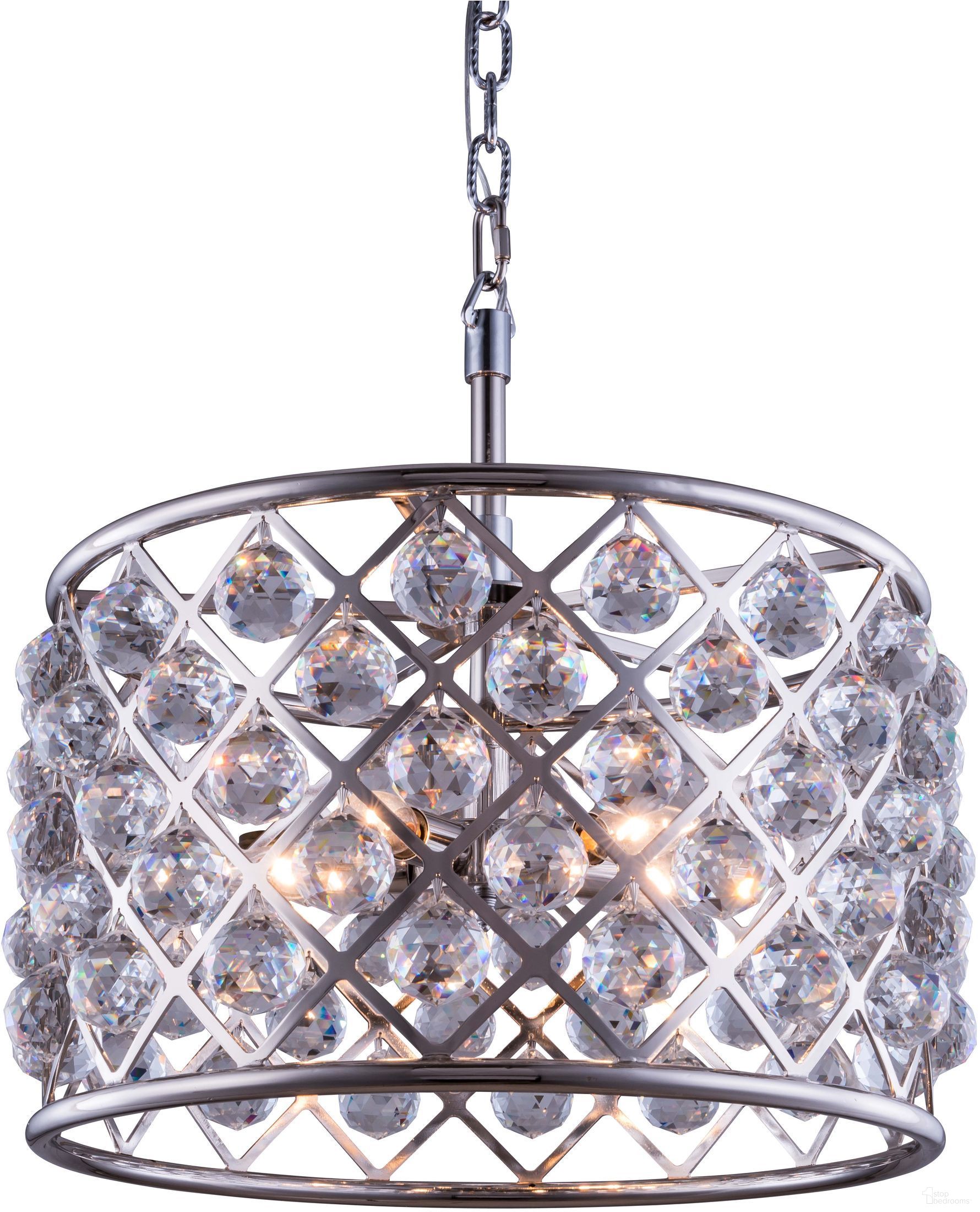 The appearance of Madison 20" Polished nickel 6 Light Pendant With Clear Royal Cut Crystal Trim designed by Elegant Lighting in the glam interior design. This silver piece of furniture was selected by 1StopBedrooms from Madison Collection to add a touch of cosiness and style into your home. Sku: 1206D20PN/RC. Material: Steel.
