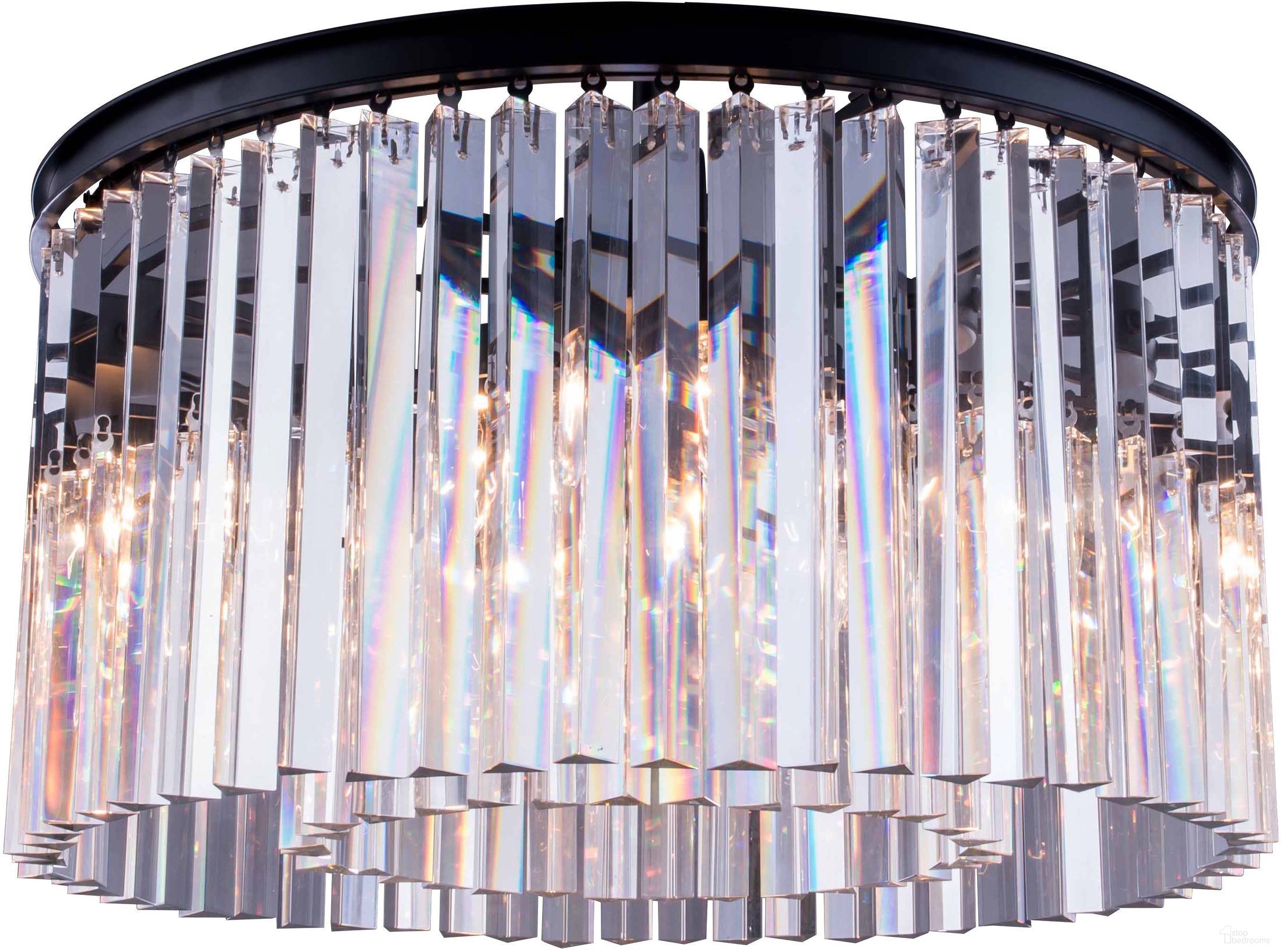 The appearance of Sydney 26" Matte Black 8 Light Flush Mount With Clear Royal Cut Crystal Trim designed by Elegant Lighting in the glam interior design. This black piece of furniture was selected by 1StopBedrooms from Sydney Collection to add a touch of cosiness and style into your home. Sku: 1208F26MB/RC. Material: Steel.