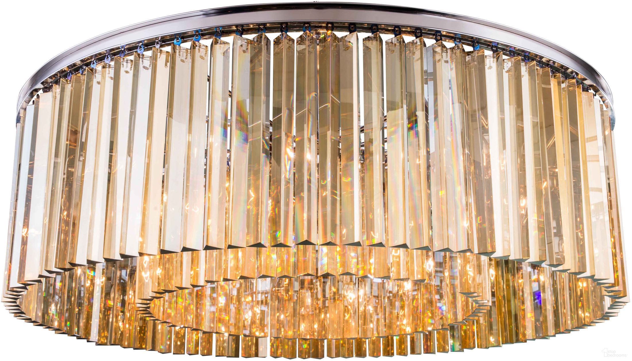 The appearance of Sydney 43.5" Polished nickel 10 Light Flush Mount With Golden Teak Royal Cut Crystal Trim designed by Elegant Lighting in the glam interior design. This silver piece of furniture was selected by 1StopBedrooms from Sydney Collection to add a touch of cosiness and style into your home. Sku: 1208F43PN-GT/RC. Material: Steel.