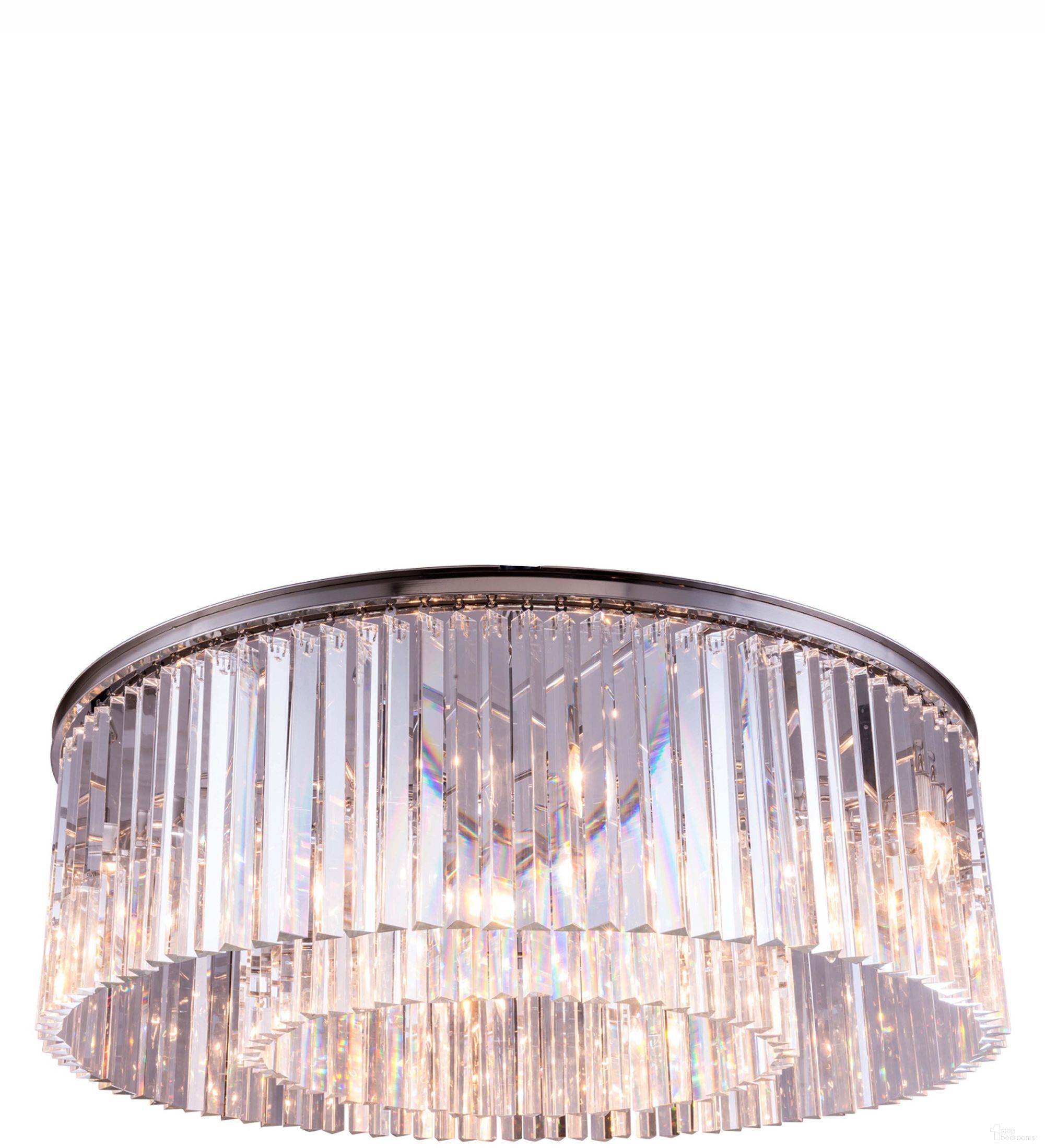 The appearance of Sydney 43.5" Polished nickel 10 Light Flush Mount With Clear Royal Cut Crystal Trim designed by Elegant Lighting in the glam interior design. This silver piece of furniture was selected by 1StopBedrooms from Sydney Collection to add a touch of cosiness and style into your home. Sku: 1208F43PN/RC. Material: Steel.