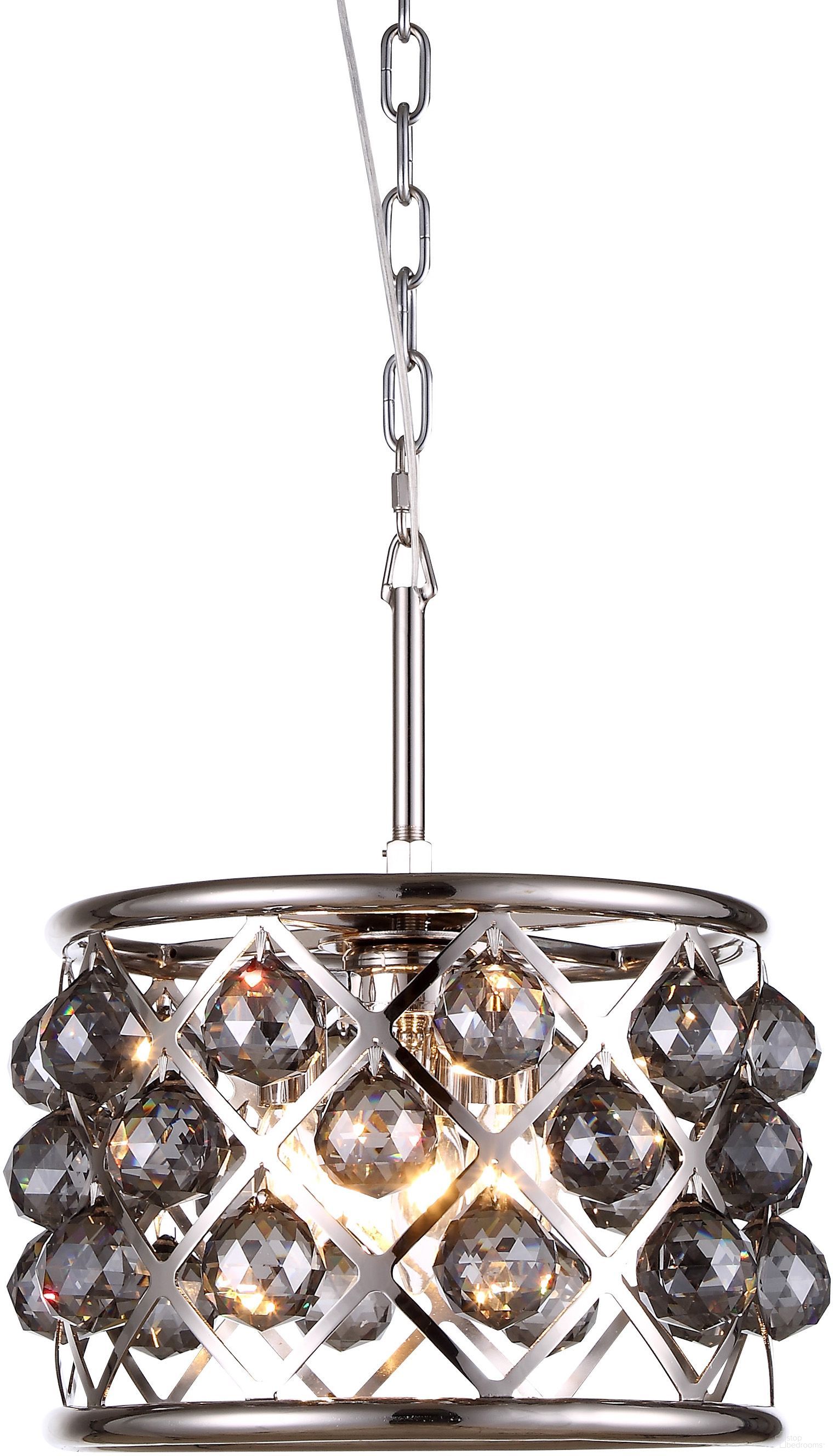 The appearance of Madison 12" Polished Nickel 3 Light Pendant With Silver Shade Royal Cut Crystal Trim designed by Elegant Lighting in the transitional interior design. This silver piece of furniture was selected by 1StopBedrooms from Madison Collection to add a touch of cosiness and style into your home. Sku: 1214D12PN-SS/RC. Material: Steel.