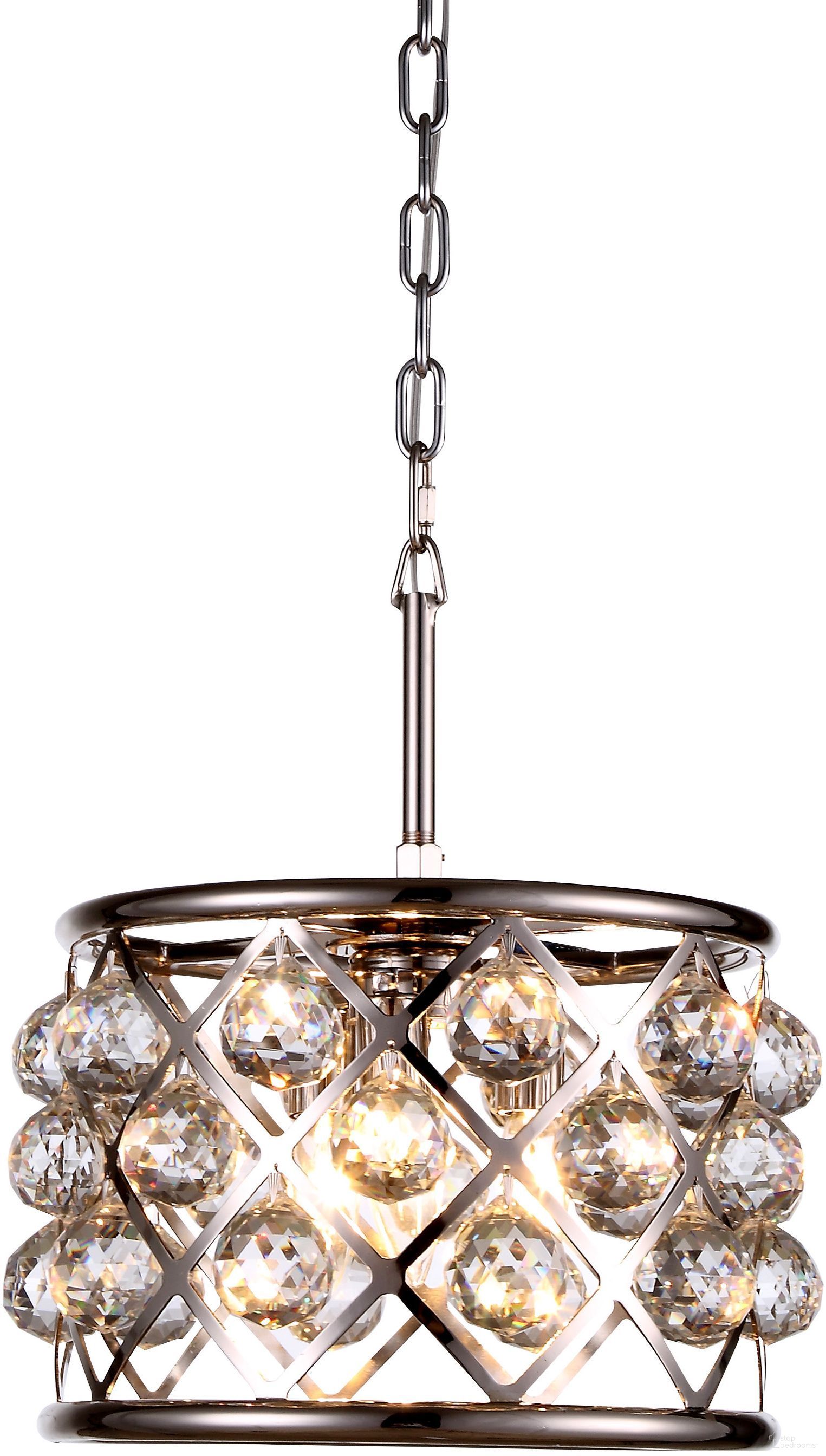 The appearance of Madison 12" Polished Nickel 3 Light Pendant With Clear Royal Cut Crystal Trim designed by Elegant Lighting in the transitional interior design. This silver piece of furniture was selected by 1StopBedrooms from Madison Collection to add a touch of cosiness and style into your home. Sku: 1214D12PN/RC. Material: Steel.