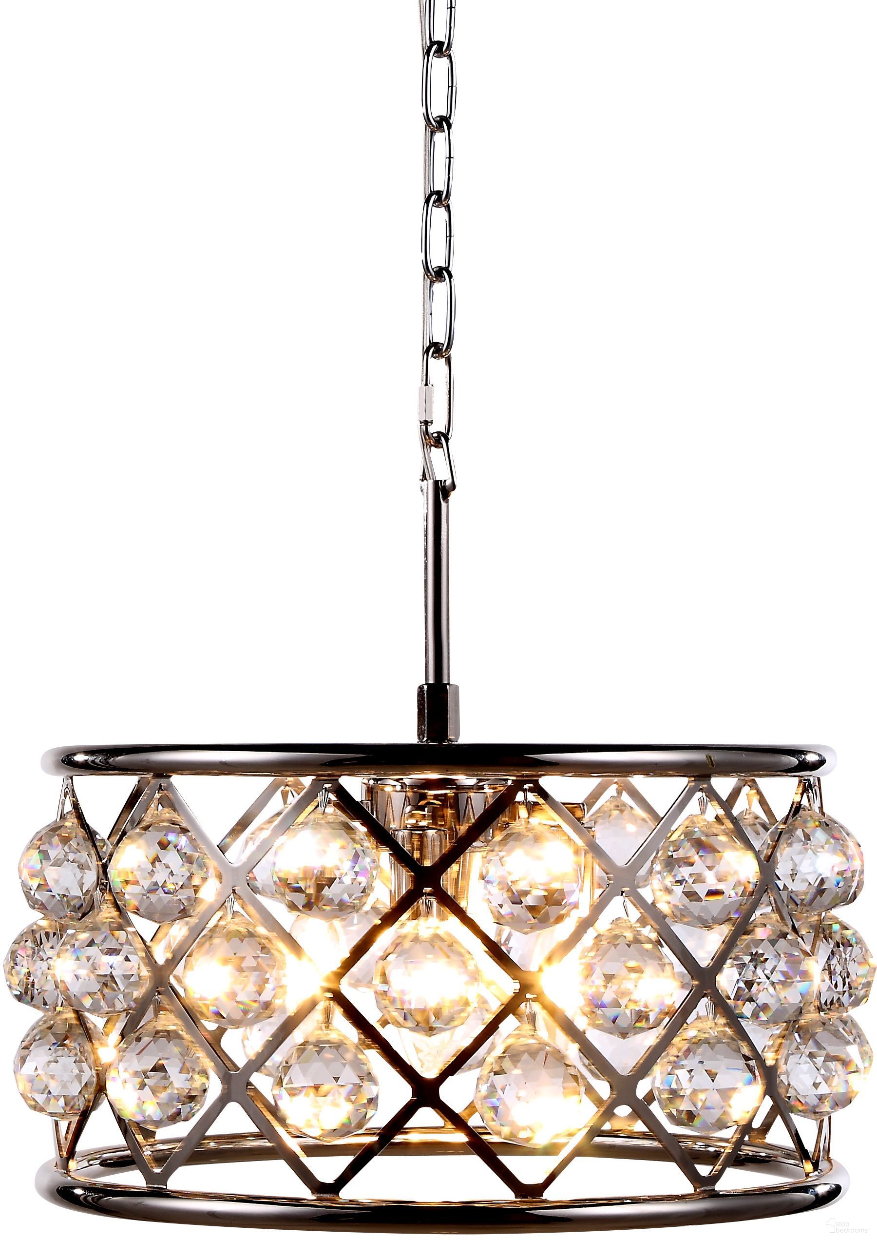 The appearance of Madison 16" Polished Nickel 4 Light Pendant With Clear Royal Cut Crystal Trim designed by Elegant Lighting in the transitional interior design. This silver piece of furniture was selected by 1StopBedrooms from Madison Collection to add a touch of cosiness and style into your home. Sku: 1214D16PN/RC. Material: Steel.