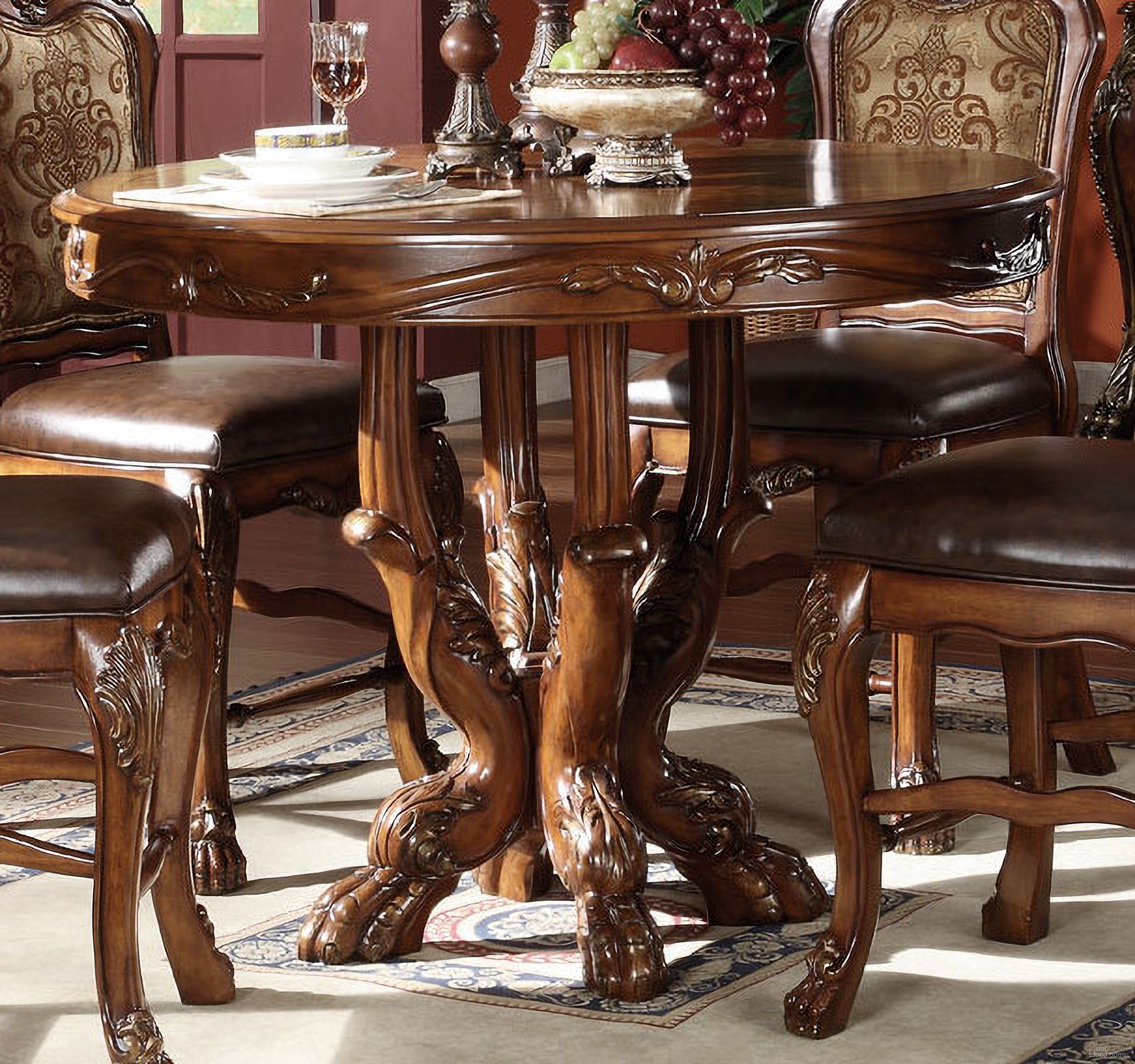 The appearance of Acme Dresden Round Pedestal Counter Height Dining Table in Brown Cherry Oak designed by ACME in the transitional interior design. This brown piece of furniture was selected by 1StopBedrooms from Dresden Collection to add a touch of cosiness and style into your home. Sku: 12160T;12161ST. Table Base Style: Pedestal. Table Top Shape: Round. Material: Wood. Size: 48".