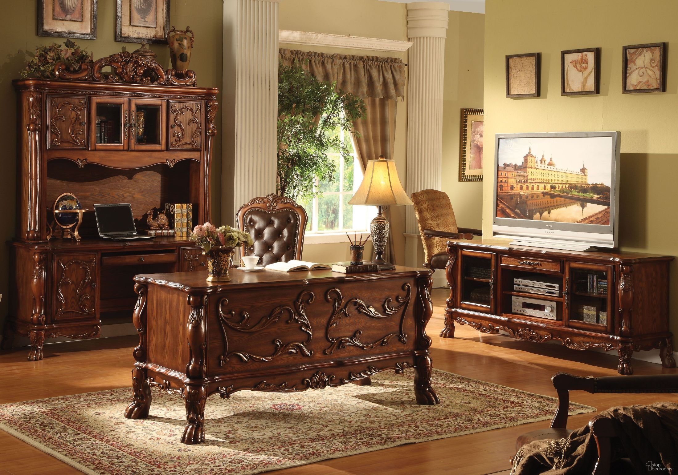 The appearance of Dresden Cherry Oak Executive Home Office Set designed by ACME in the transitional interior design. This brown piece of furniture was selected by 1StopBedrooms from Dresden Collection to add a touch of cosiness and style into your home. Sku: 12169;12170. Material: Wood.