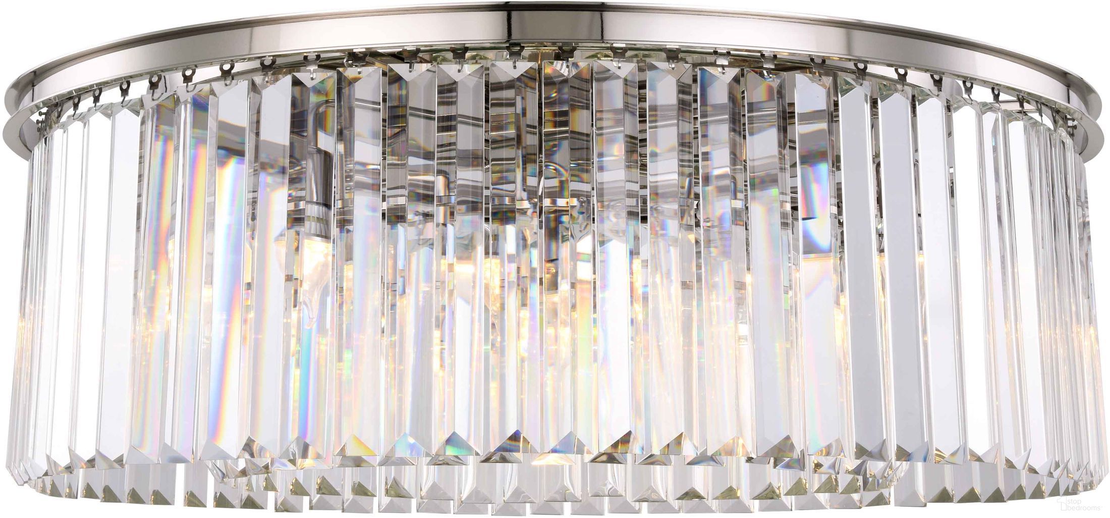 The appearance of Sydney 43.5" Polished nickel 10 Light Flush Mount With Clear Shade Royal Cut Crystal Trim designed by Elegant Lighting in the modern / contemporary interior design. This silver piece of furniture was selected by 1StopBedrooms from Sydney Collection to add a touch of cosiness and style into your home. Sku: 1238F43PN/RC. Material: Steel.