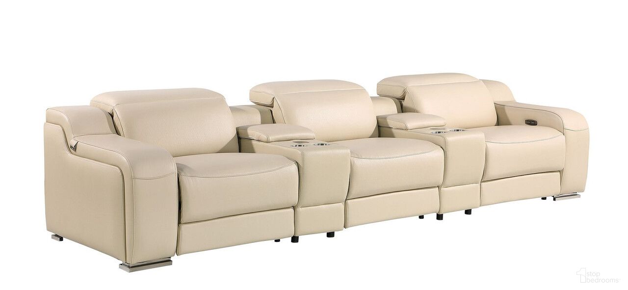 The appearance of 129 Inch Italian Leather Reclining USB Sofa In Beige designed by Homeroots in the modern / contemporary interior design. This beige piece of furniture was selected by 1StopBedrooms from to add a touch of cosiness and style into your home. Sku: 632881. Material: Genuine Leather.
