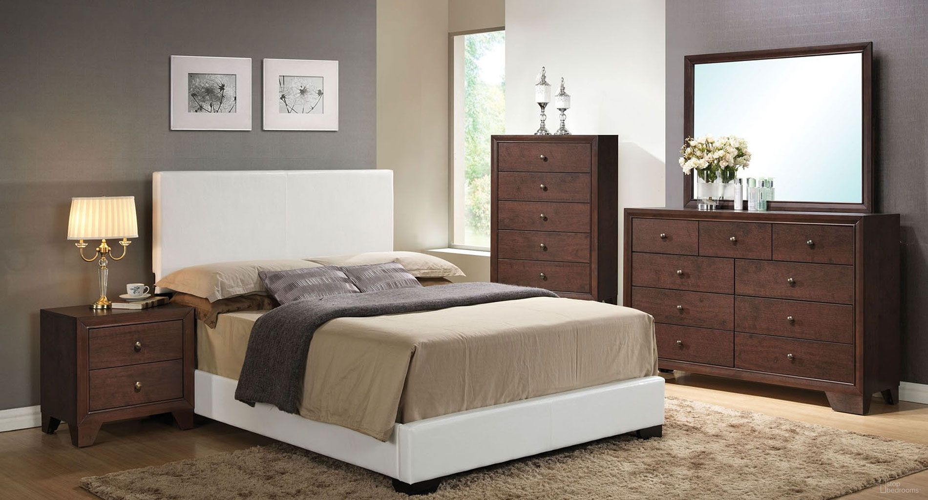 The appearance of Madison Bedroom Set w/ Ireland White Upholstered Bed designed by ACME in the modern / contemporary interior design. This espresso piece of furniture  was selected by 1StopBedrooms from Madison II Collection to add a touch of cosiness and style into your home. Sku: 14395F-HB;14396F-FR;19573. Bed Size: Queen. Material: Upholstery. Bed Type: Upholstered Bed.