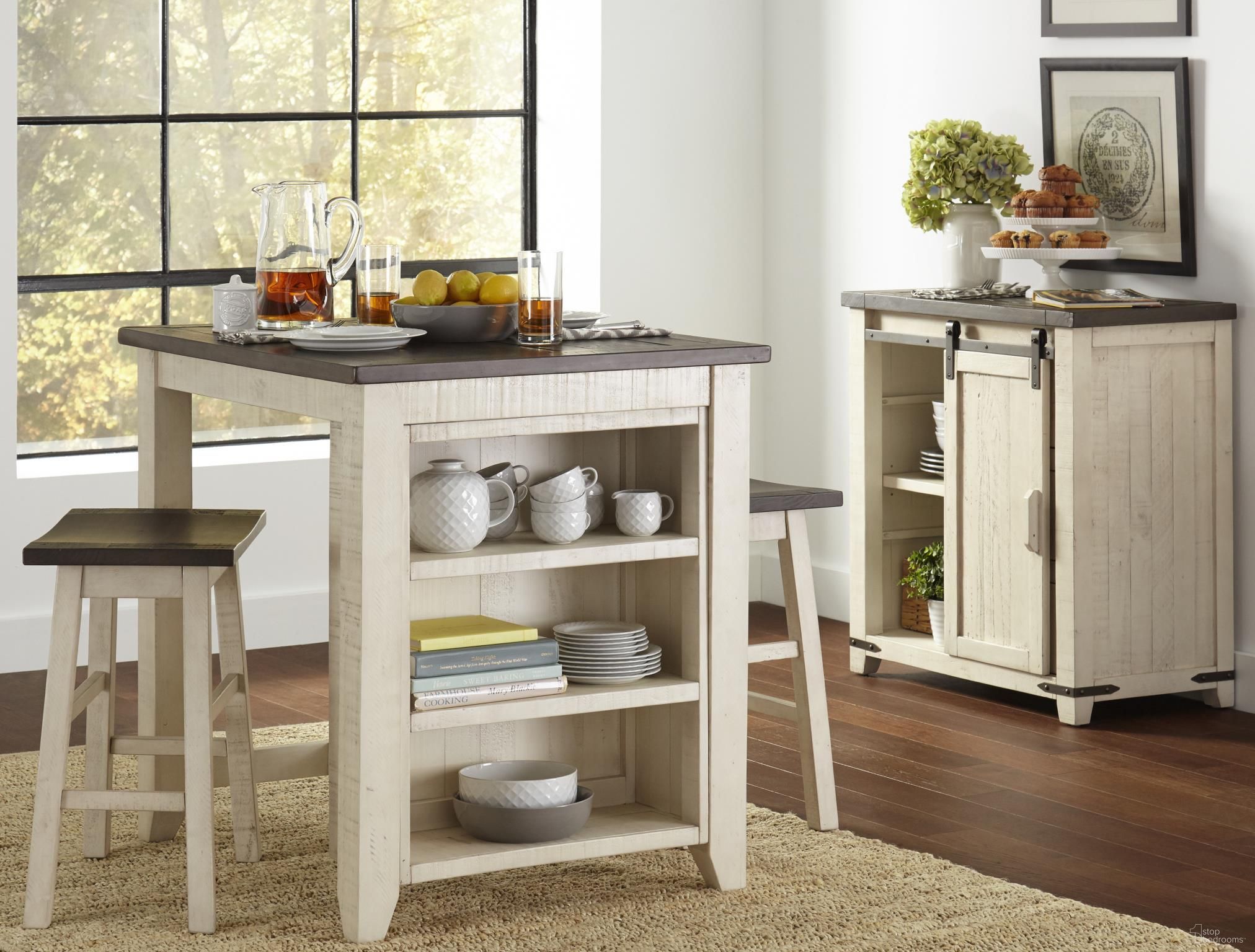The appearance of Madison County 3 Piece Counter Height Dining Set In Vintage White designed by Jofran in the transitional interior design. This vintage white piece of furniture  was selected by 1StopBedrooms from Madison County Collection to add a touch of cosiness and style into your home. Sku: 1706-36. Material: Pine.