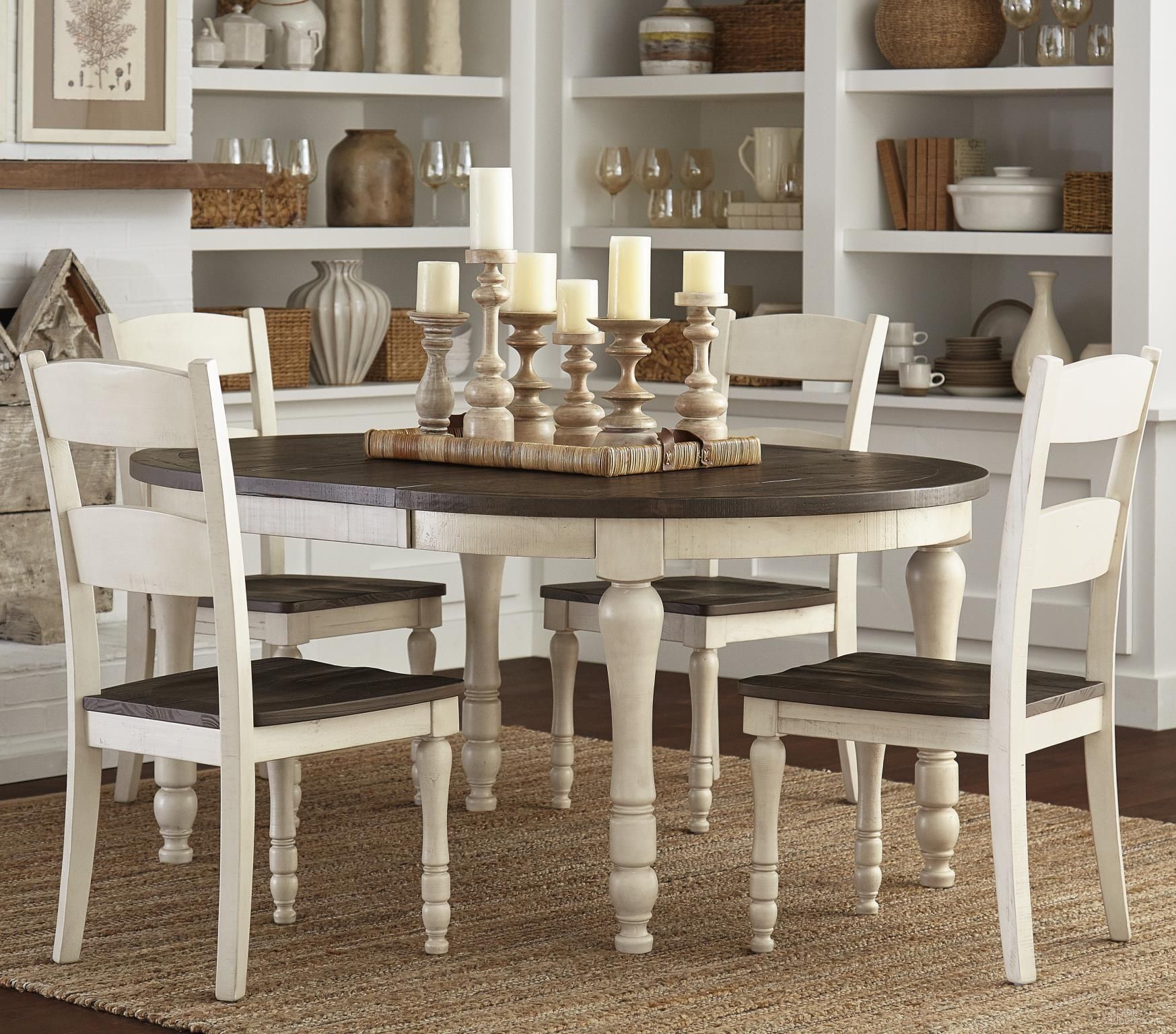 The appearance of Madison County Vintage White Extendable Round Dining Room Set designed by Jofran in the transitional interior design. This white and brown piece of furniture  was selected by 1StopBedrooms from Madison County Collection to add a touch of cosiness and style into your home. Sku: 1706-66;1706-401KD. Table Base Style: Legs. Table Top Shape: Round. Material: Pine. Size: 48".