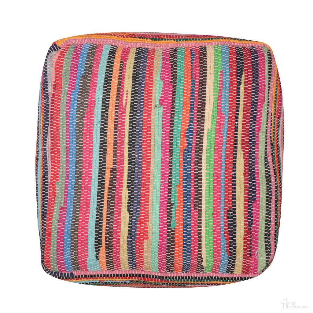 18 Inch Cotton Cube Striped Pouf Ottoman In Black and Red