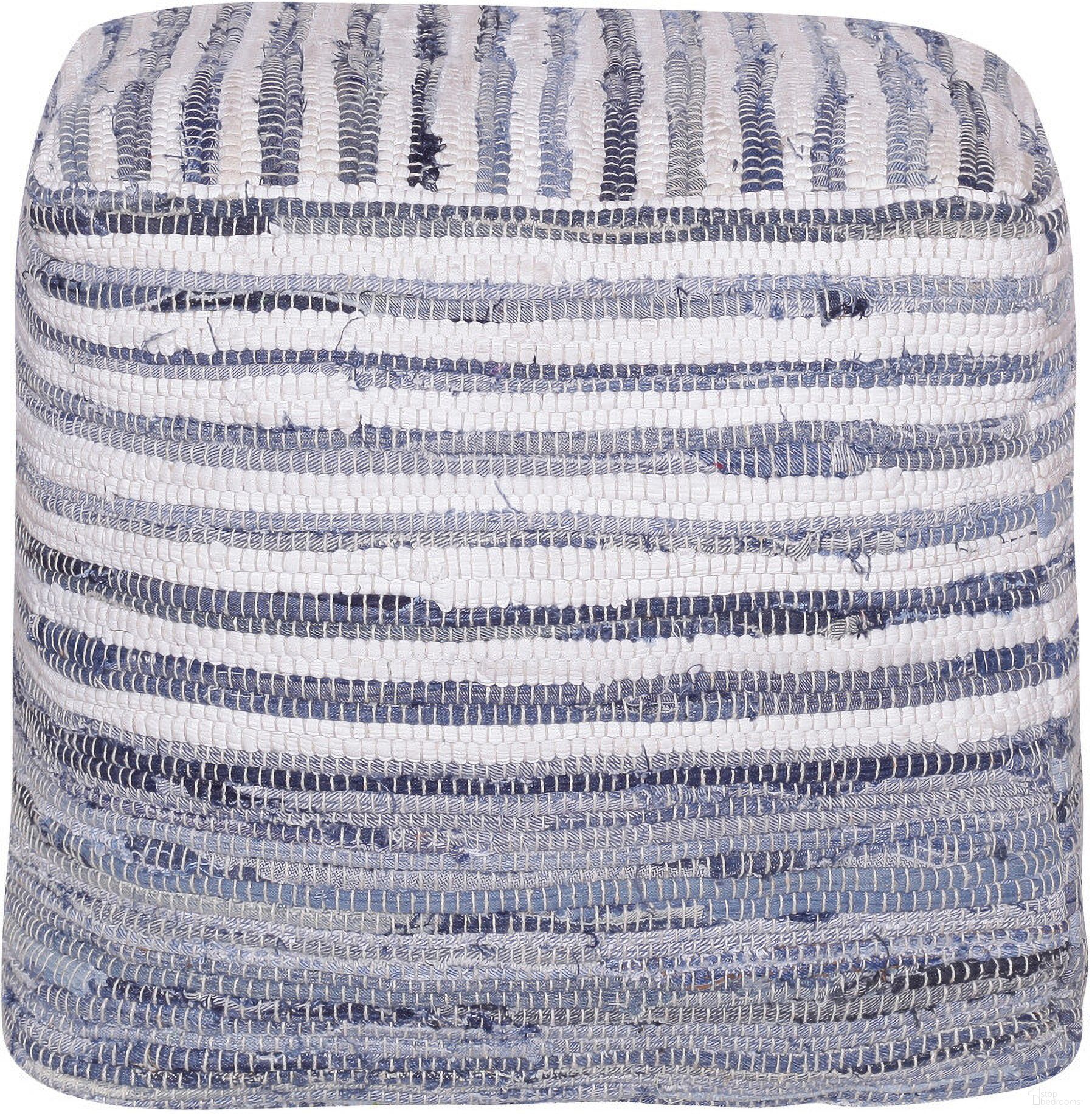 18 Inch Cotton Cube Striped Pouf Ottoman In Blue