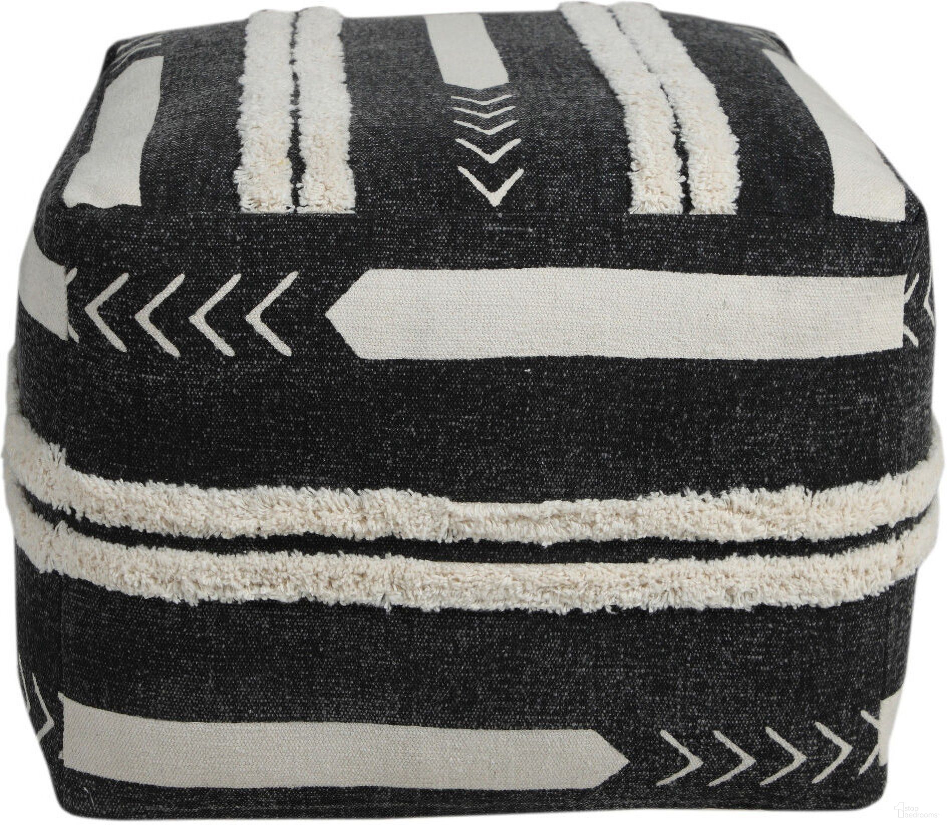 The appearance of 18 Inch Cotton Geometric Pouf Ottoman In Black designed by Homeroots in the modern / contemporary interior design. This black piece of furniture was selected by 1StopBedrooms from to add a touch of cosiness and style into your home. Sku: 517871. Material: Cotton.