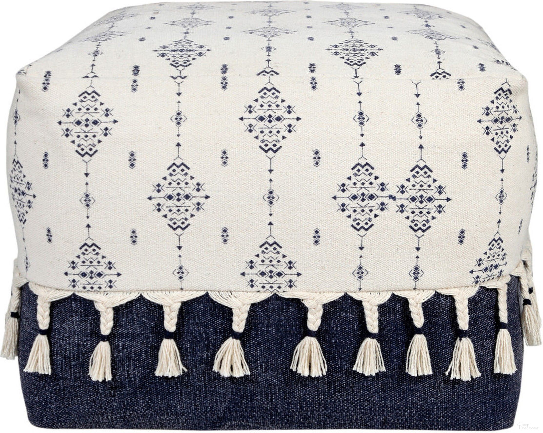 The appearance of 18 Inch Cotton Medallion Pouf Ottoman In Natural and Navy Blue designed by Homeroots in the transitional interior design. This natural and navy blue piece of furniture was selected by 1StopBedrooms from to add a touch of cosiness and style into your home. Sku: 517910. Material: Cotton.