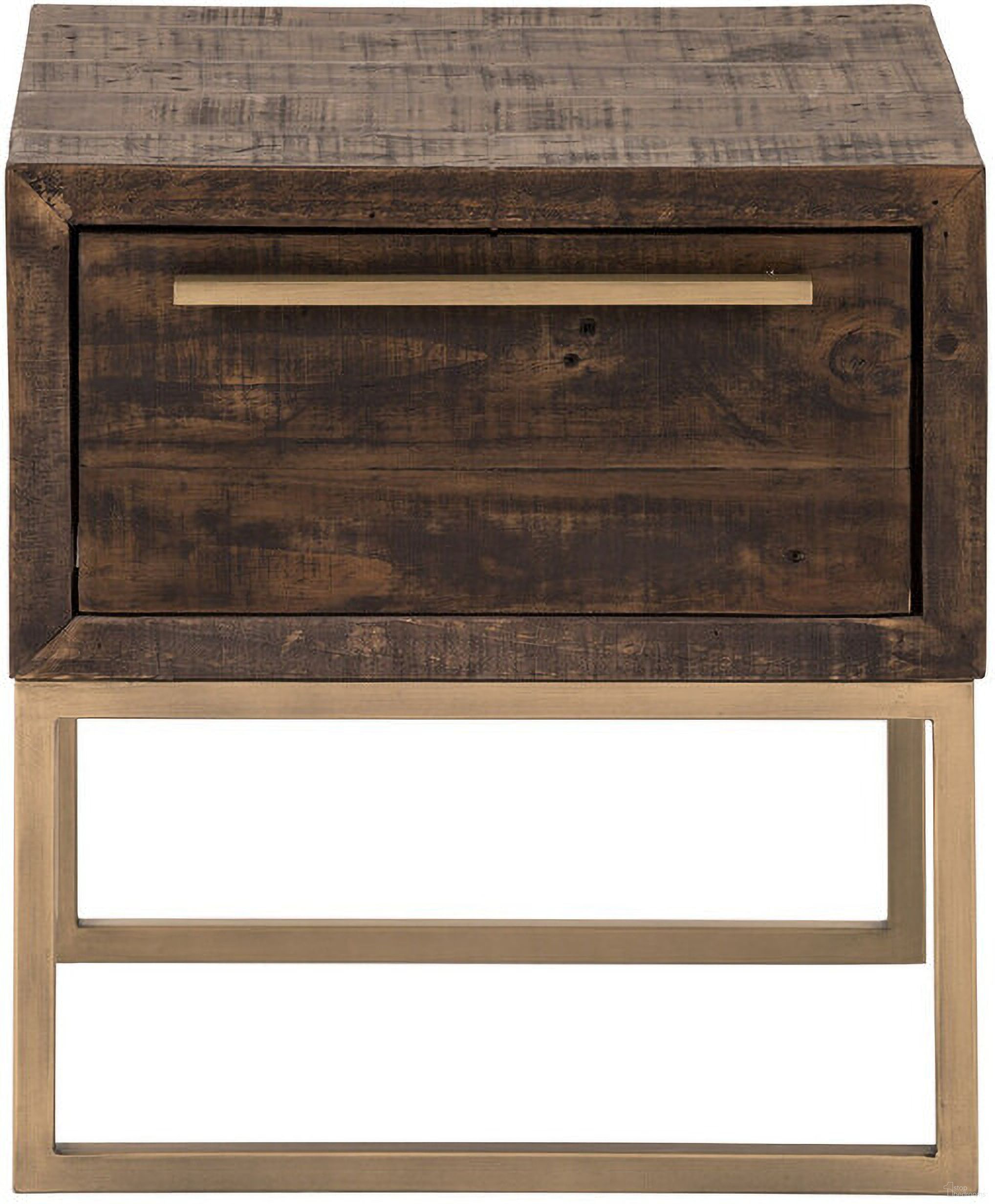 18 Inch Reclaimed Wood End Table with Drawer In Antique Brass and Brown
