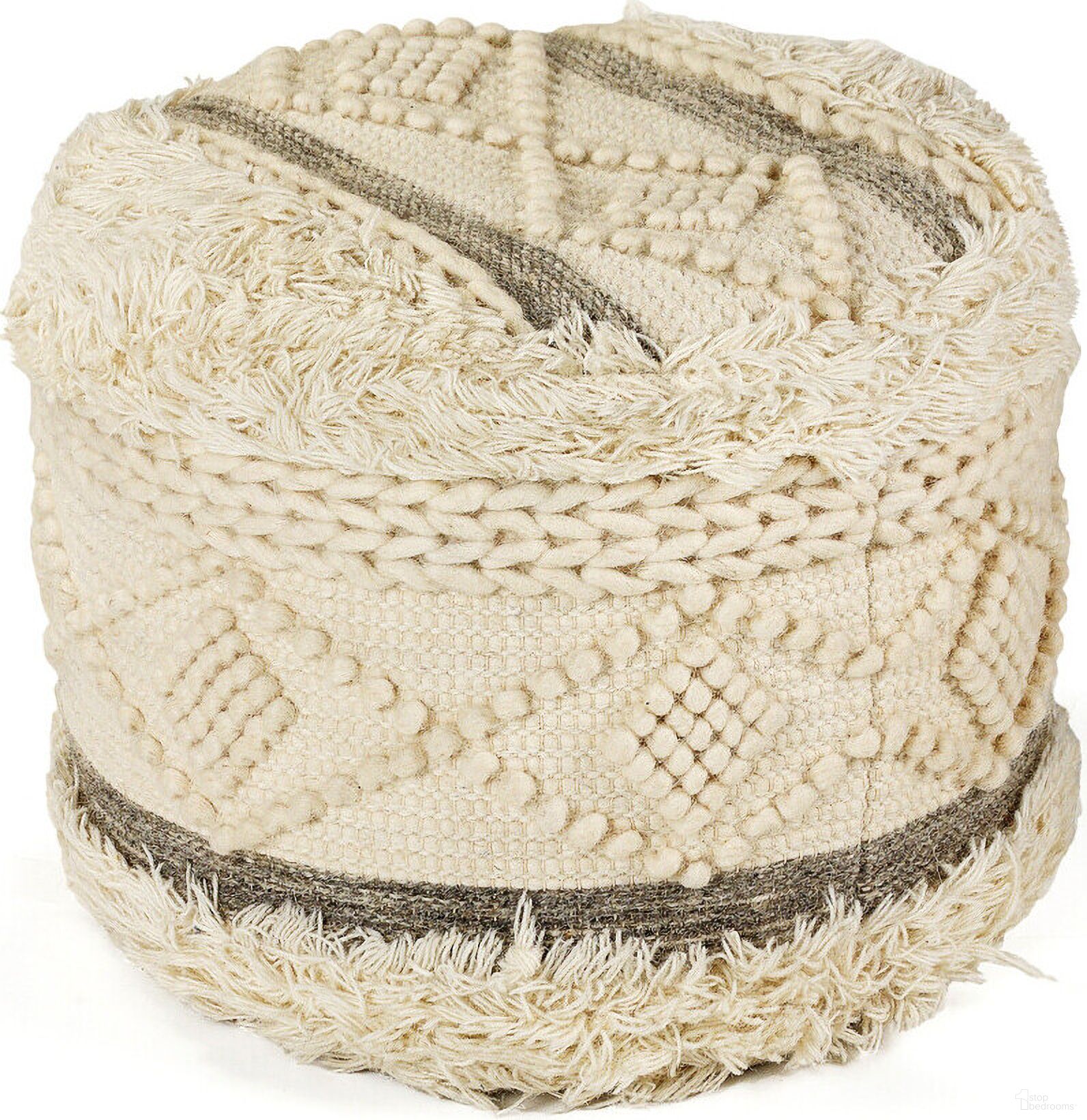 The appearance of 18 Inch Wool Cotton Blend Round Geometric Pouf Ottoman In Cream designed by Homeroots in the modern / contemporary interior design. This cream piece of furniture  was selected by 1StopBedrooms from  to add a touch of cosiness and style into your home. Sku: 517864. Material: Wool.