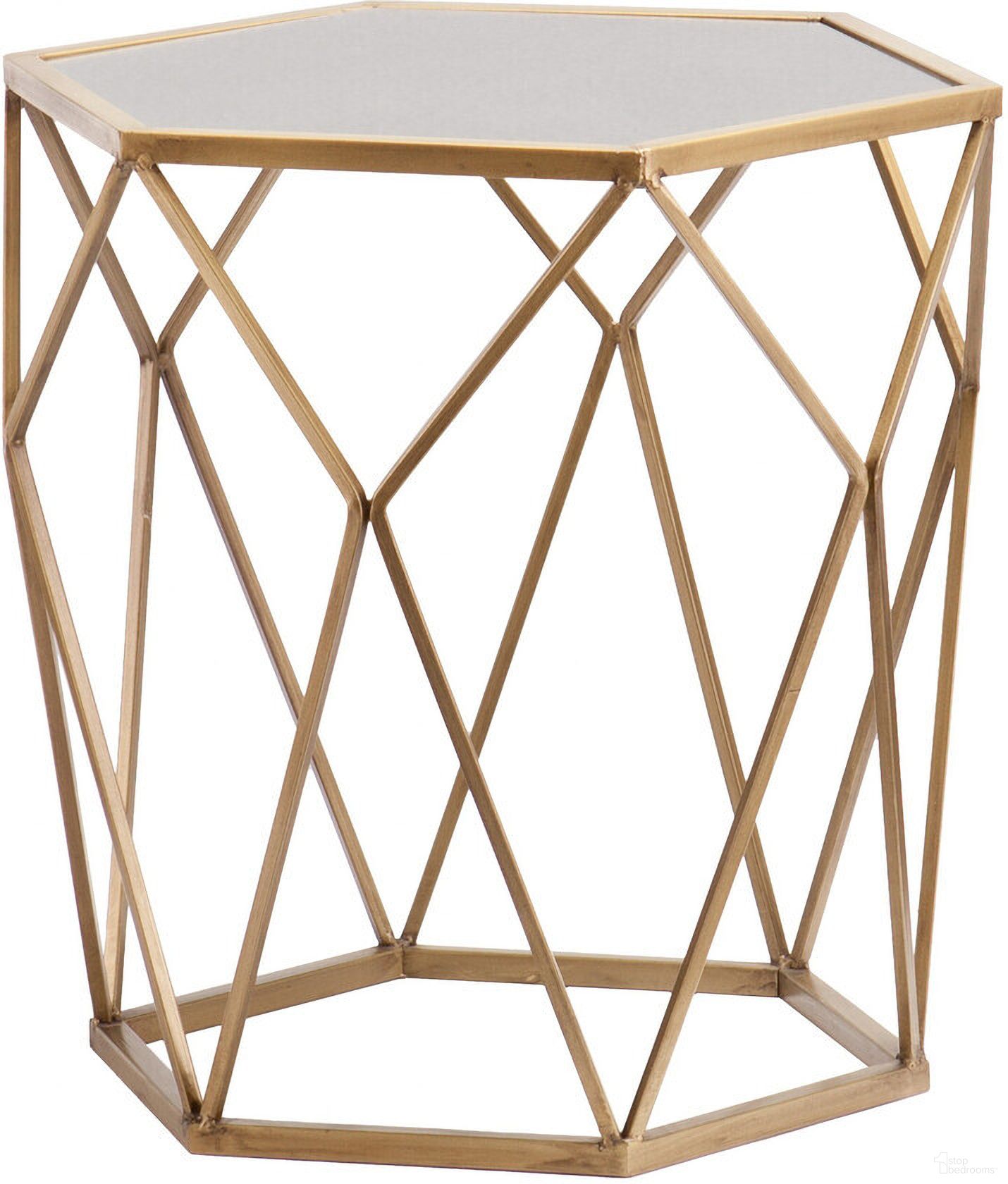 19 Inch and Reflective Glass Hexagon Mirrored End Table In Gold