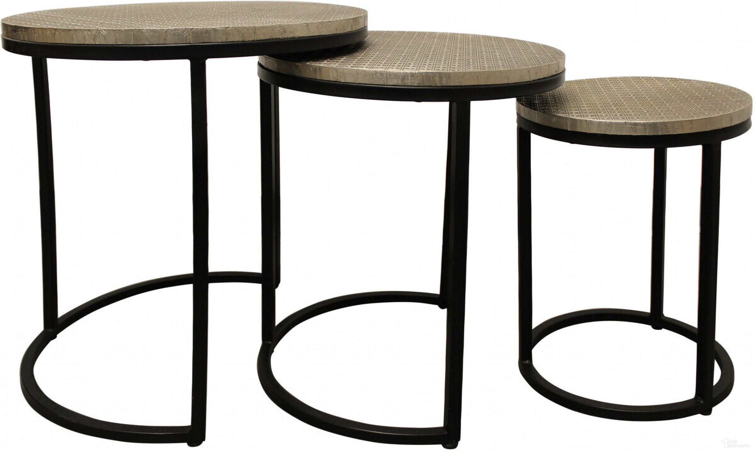 The appearance of 19 Inch Round Nested Tables Set of 3 In Silver and Black designed by Homeroots in the modern / contemporary interior design. This silver and black piece of furniture  was selected by 1StopBedrooms from  to add a touch of cosiness and style into your home. Sku: 488533. Material: Metal.