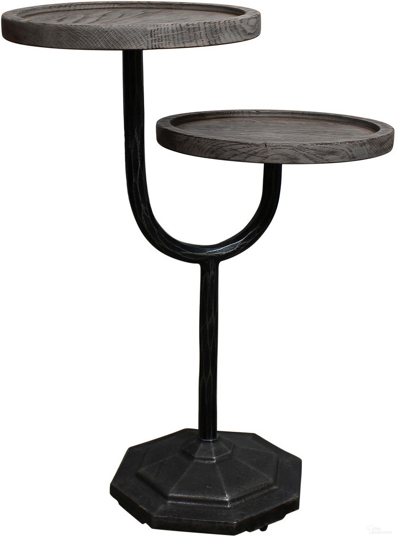 The appearance of 19 Inch Solid Wood and Iron Round Double Tray Top End Table In Black and Natural designed by Homeroots in the rustic / southwestern interior design. This black and natural piece of furniture  was selected by 1StopBedrooms from  to add a touch of cosiness and style into your home. Sku: 571199. Material: Wood.