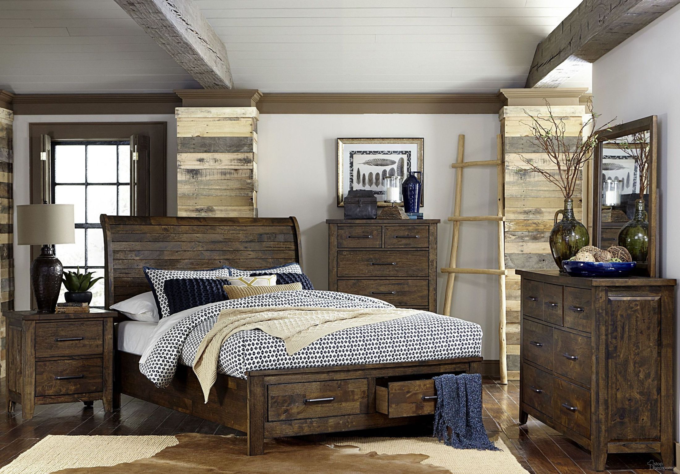 The appearance of Jerrick Burnished Sleigh Platform Bedroom Set designed by Homelegance in the transitional interior design. This brown piece of furniture was selected by 1StopBedrooms from Jerrick Collection to add a touch of cosiness and style into your home. Sku: 1957-1;1957-3;1957-DW;1957-4. Bed Type: Platform Bed. Material: Wood. Bed Size: Queen.