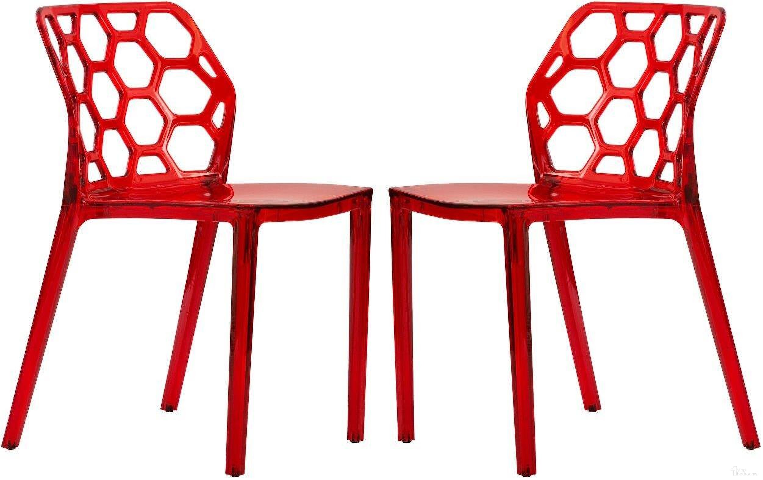 The appearance of 2 LeisureMod Dynamic Transparent Red Dining Chairs designed by LeisureMod in the modern / contemporary interior design. This transparent red piece of furniture was selected by 1StopBedrooms from Dynamic Collection to add a touch of cosiness and style into your home. Sku: DC19TR2. Material: Plastic. Chair Type: Side Chair.