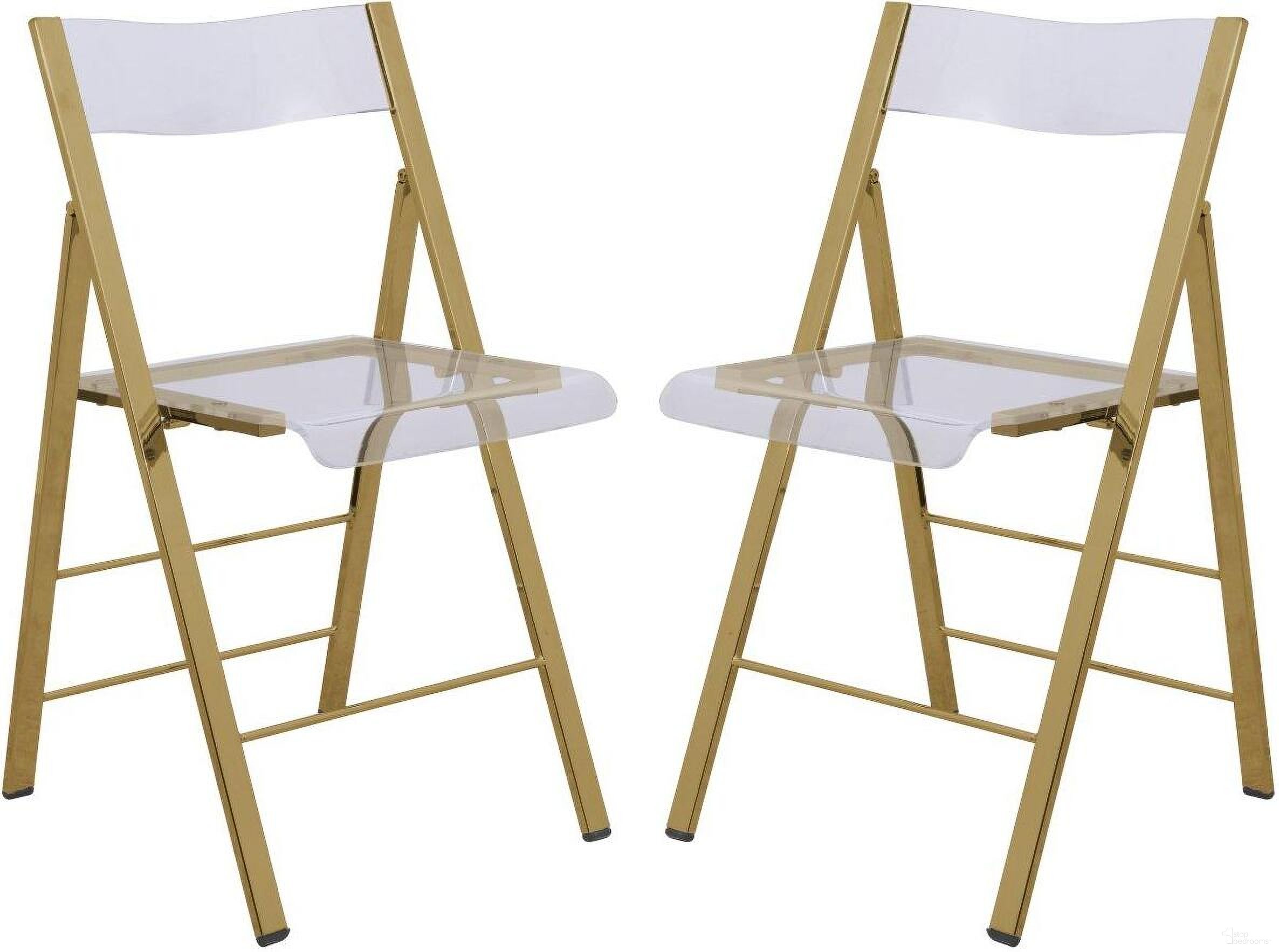 The appearance of 2 LeisureMod Menno Clear Acrylic Gold Base Folding Chairs designed by LeisureMod in the modern / contemporary interior design. This gold piece of furniture  was selected by 1StopBedrooms from Menno Collection to add a touch of cosiness and style into your home. Sku: MFG15CL2. Material: Acrylic. Chair Type: Side Chair.