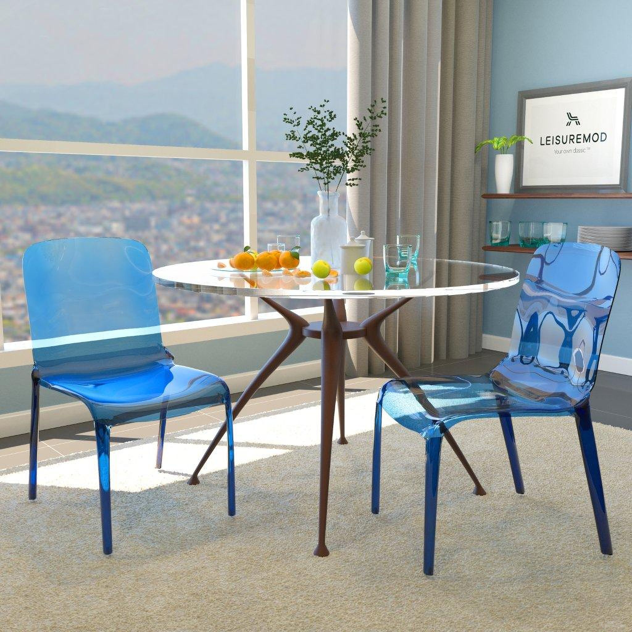 The appearance of 2 LeisureMod Murray Transparent Blue Dining Chairs designed by LeisureMod in the modern / contemporary interior design. This blue piece of furniture was selected by 1StopBedrooms from Murray Collection to add a touch of cosiness and style into your home. Sku: MC20TBU2. Material: Plastic. Chair Type: Side Chair.