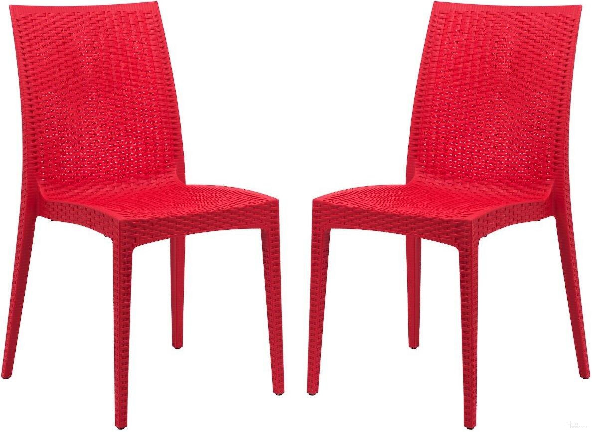 The appearance of 2 LeisureMod Weave Red Mace Indoor Outdoor Armless Dining Chairs designed by LeisureMod in the modern / contemporary interior design. This red piece of furniture  was selected by 1StopBedrooms from Weave Collection to add a touch of cosiness and style into your home. Sku: MC19R2. Material: Polypropylene. Chair Type: Side Chair.