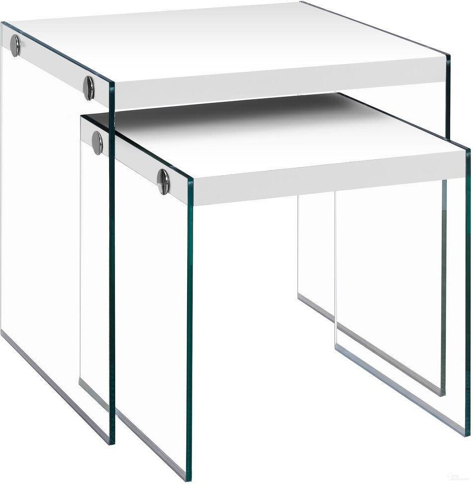 The appearance of 2 Piece Nesting Table In Glossy White With Tempered Glass designed by Monarch Specialties in the modern / contemporary interior design. This white piece of furniture  was selected by 1StopBedrooms from  to add a touch of cosiness and style into your home. Sku: I 3287. Material: Glass.