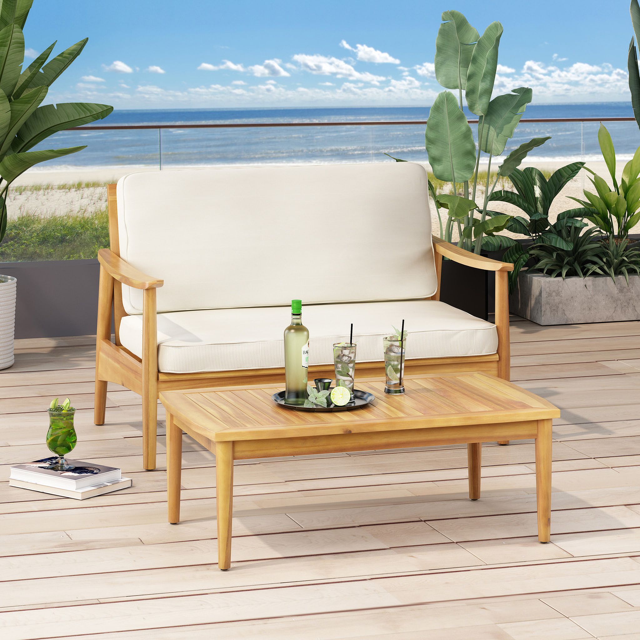 The appearance of 2-Piece Patio Set with Slatted Back Loveseat and Coffee Table In Teak designed by Noble House in the modern / contemporary interior design. This beige piece of furniture was selected by 1StopBedrooms from to add a touch of cosiness and style into your home. Sku: 68628.00BGE. Material: Acacia Wood.