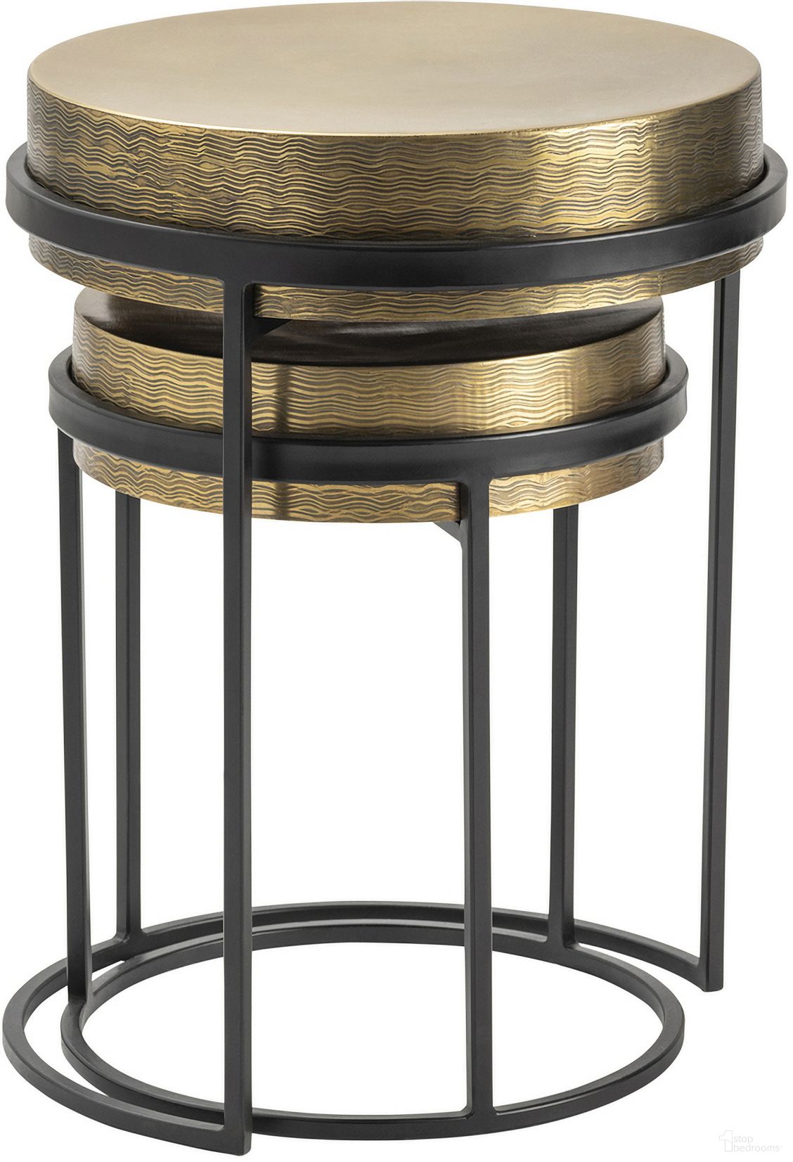The appearance of 2 Piece Textured Brass Nesting Table Set In Black and Gold designed by Crestview Collection in the transitional interior design. This black/gold piece of furniture  was selected by 1StopBedrooms from  to add a touch of cosiness and style into your home. Sku: CVFZNR007. Material: Metal.