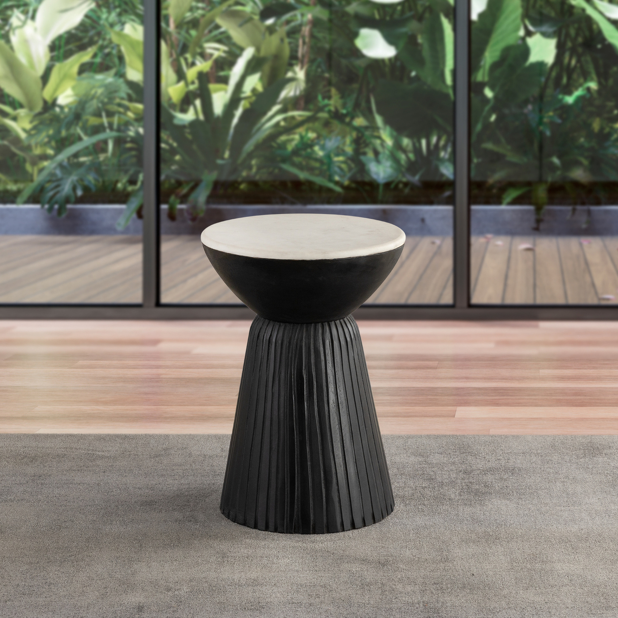 20 Inch Marble Top Solid Wood Round End Table Black by Albany Living