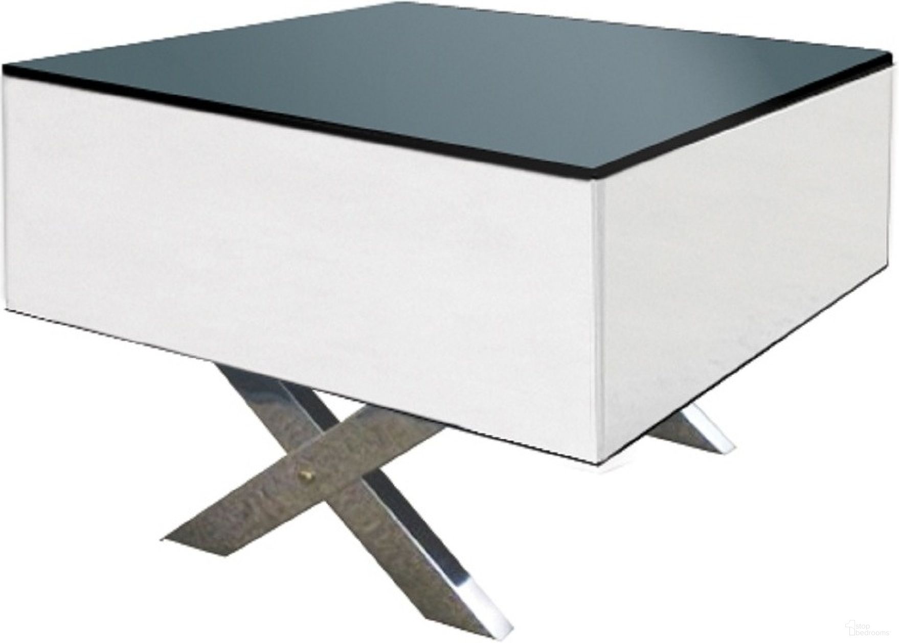 The appearance of 20 Inch Mirrored Glass Square Cross Legs End Table In Black and White designed by Homeroots in the modern / contemporary interior design. This black and white piece of furniture  was selected by 1StopBedrooms from  to add a touch of cosiness and style into your home. Sku: 554653. Material: Glass.