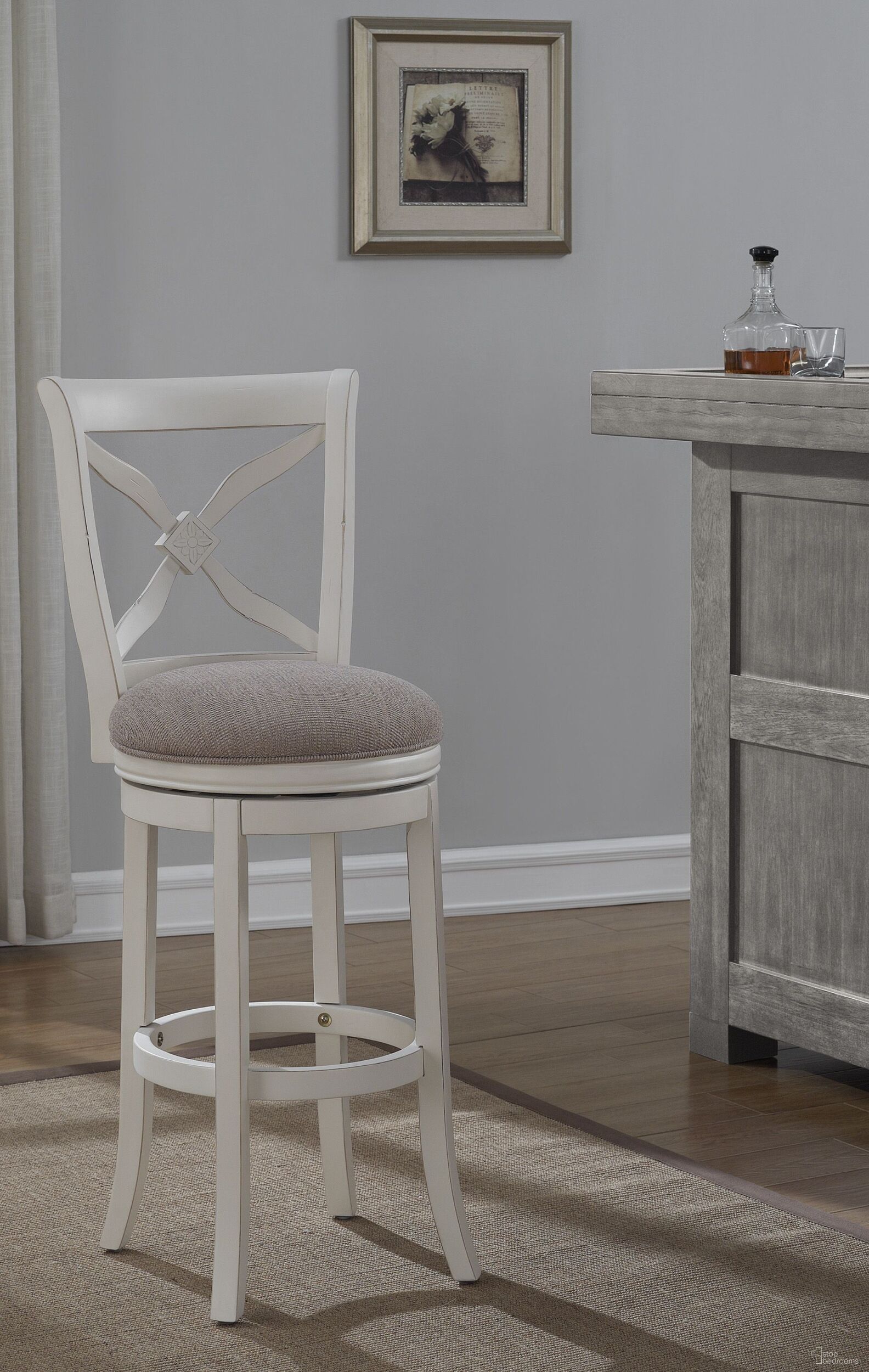 The appearance of 26" Wood Frame Back Bar Stool In White designed by American Woodcrafters in the transitional interior design. This white piece of furniture was selected by 1StopBedrooms from Barstools Collection to add a touch of cosiness and style into your home. Sku: B2-205-26F. Material: Fabric.