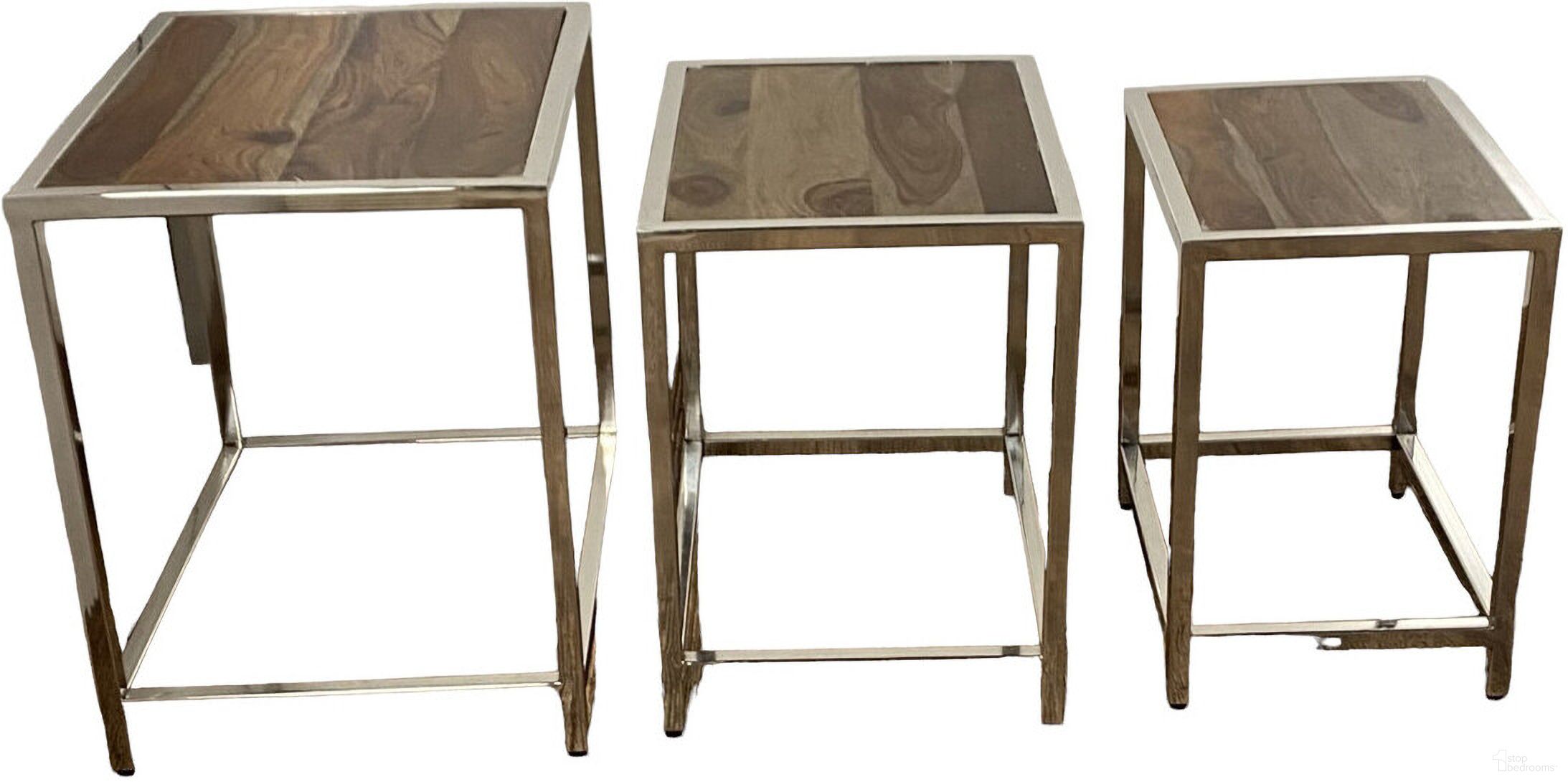 The appearance of 21 Inch Solid Wood Nested Tables Set of 3 In Silver and Brown designed by Homeroots in the transitional interior design. This silver and brown piece of furniture  was selected by 1StopBedrooms from  to add a touch of cosiness and style into your home. Sku: 387689. Material: Solid Wood.